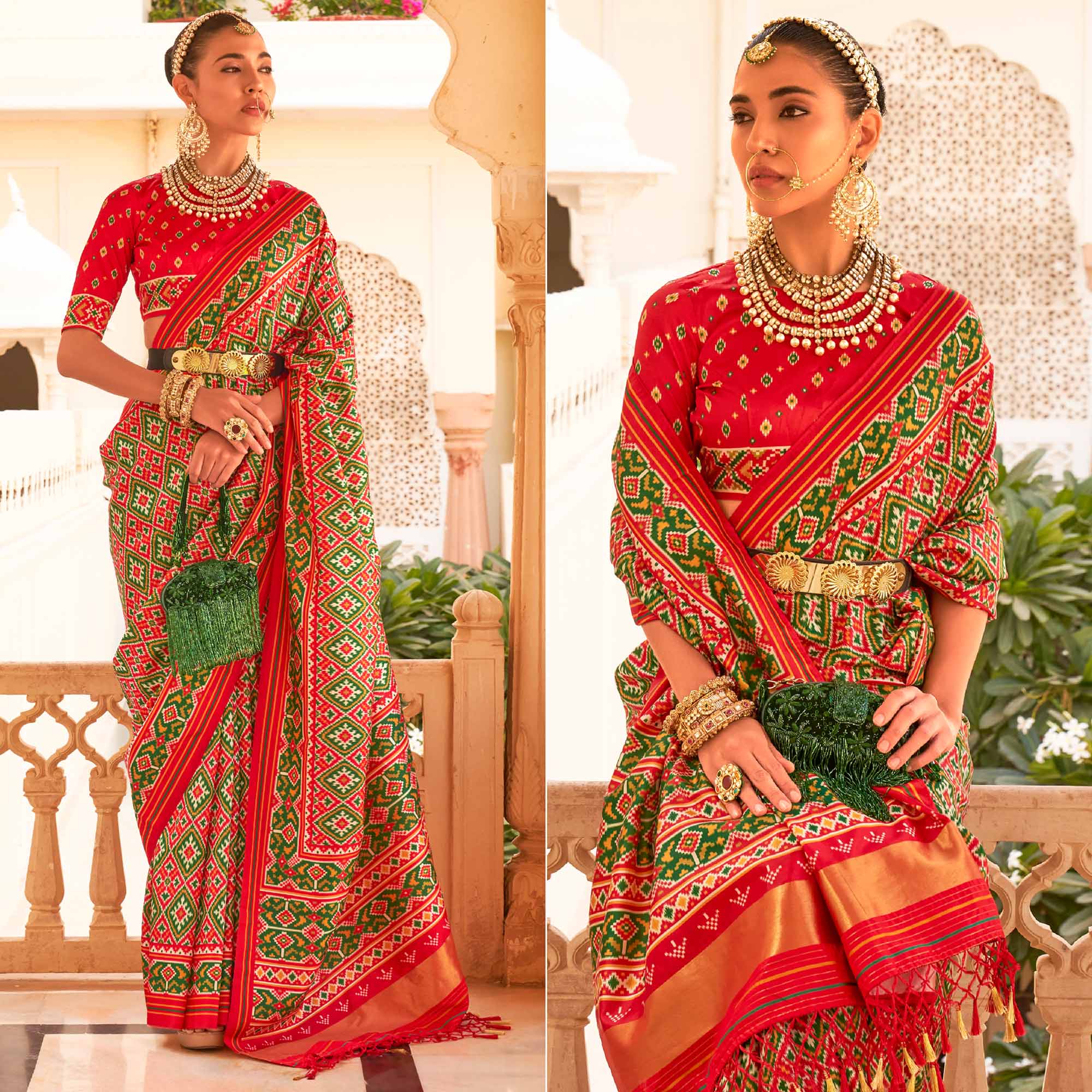 Green & Red Printed Tussar Silk Saree With Tassels