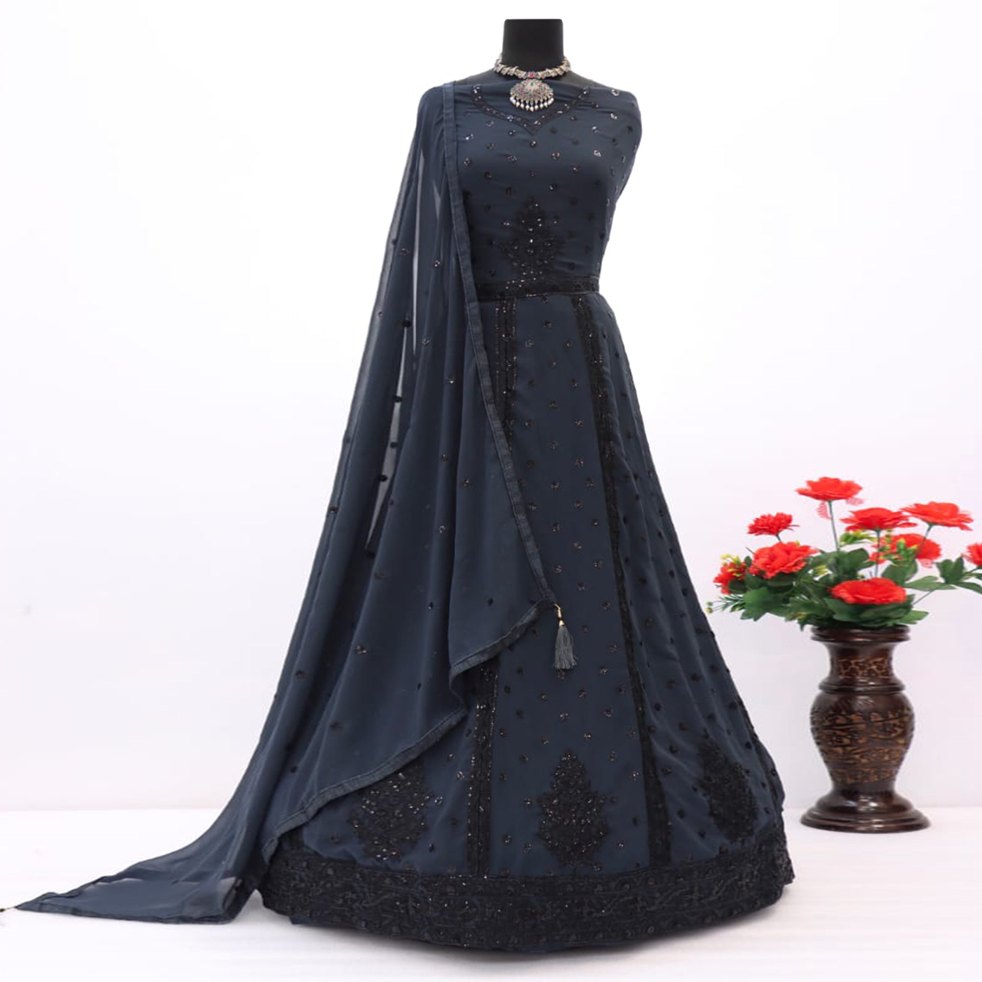 Black Embroidered Georgette Gown