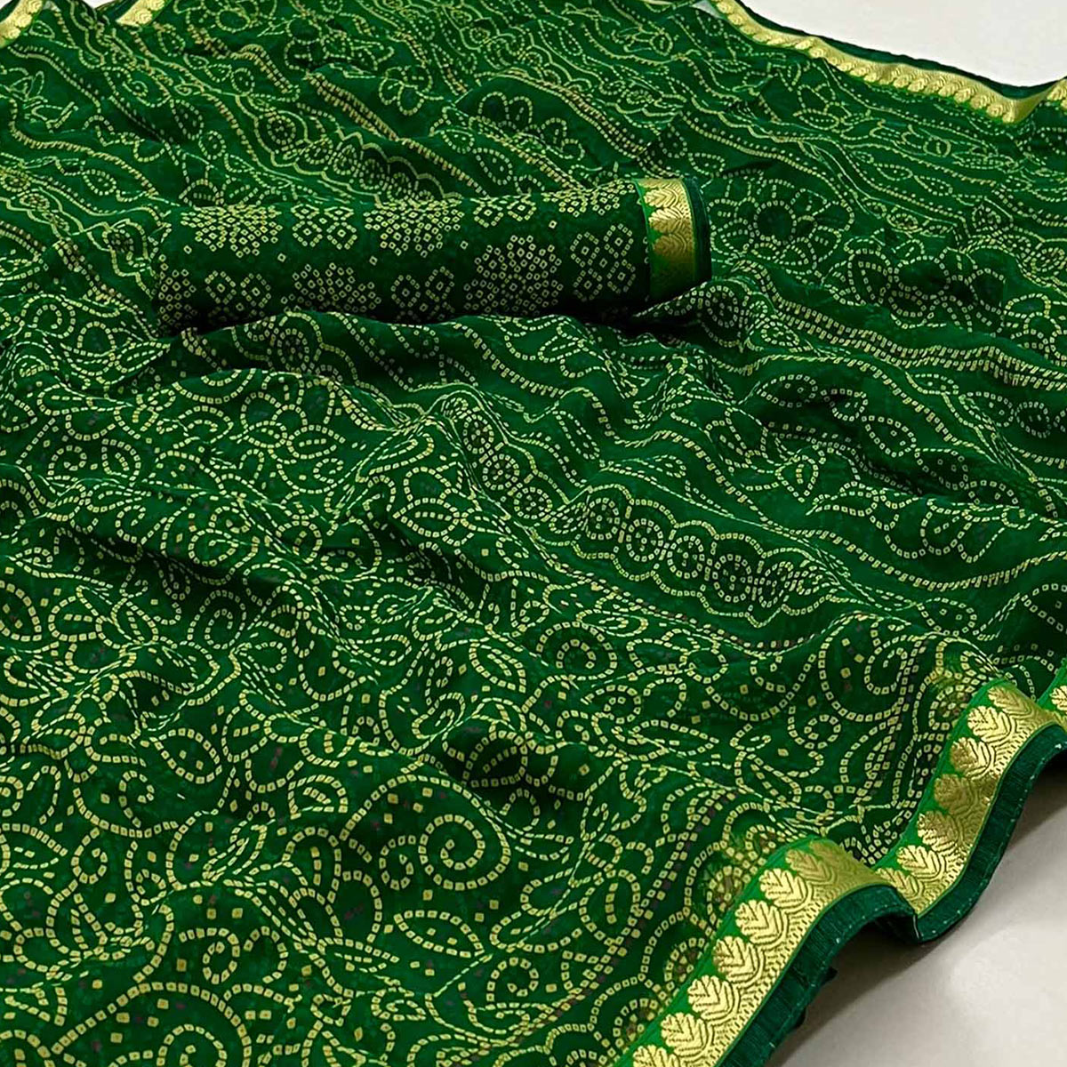 Green Bandhani Printed Georgette Saree With Designer Border