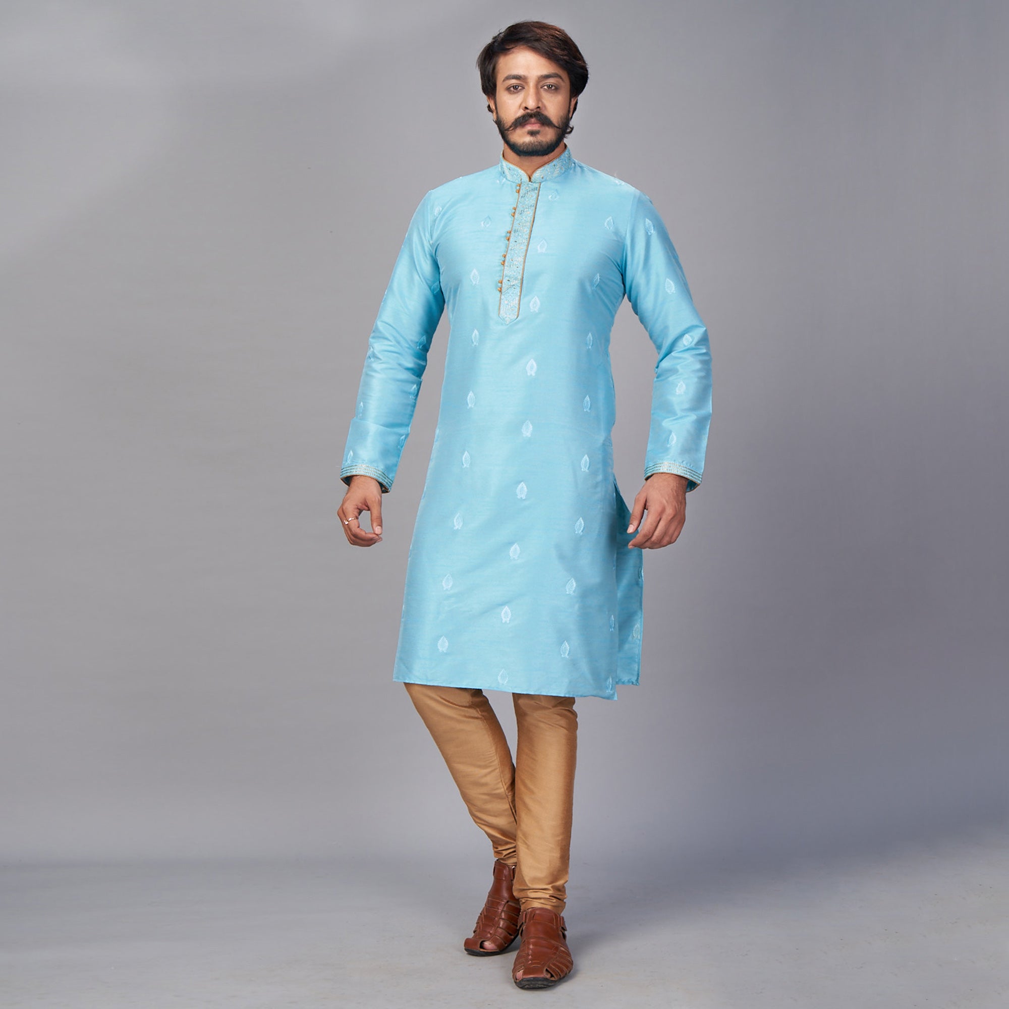 Blue Embroidered Jacquard Kurta Pyjama Set