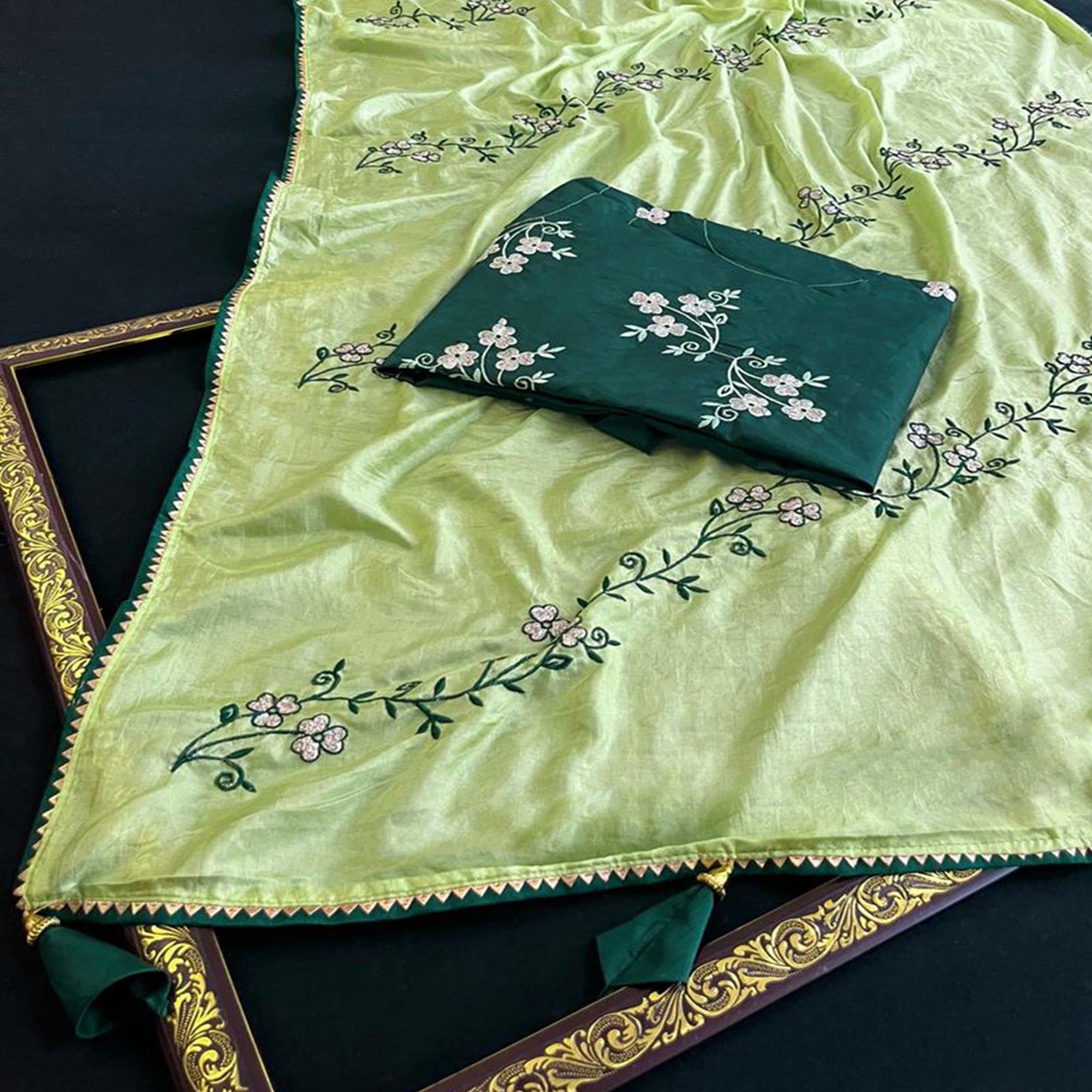 Pista Green Floral Embroidered Dola Silk Saree