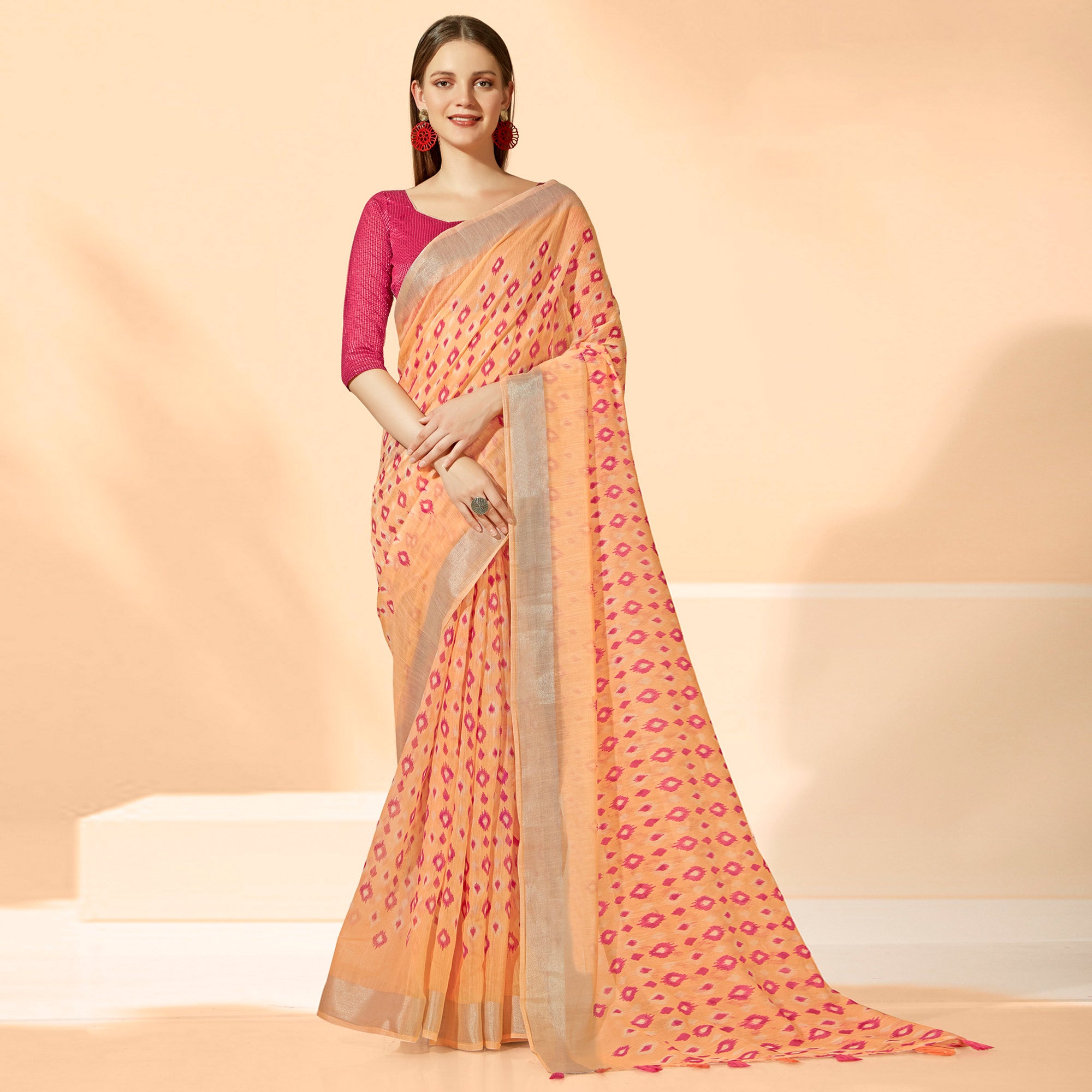 Peach Printed Cotton Silk Saree With Tassels