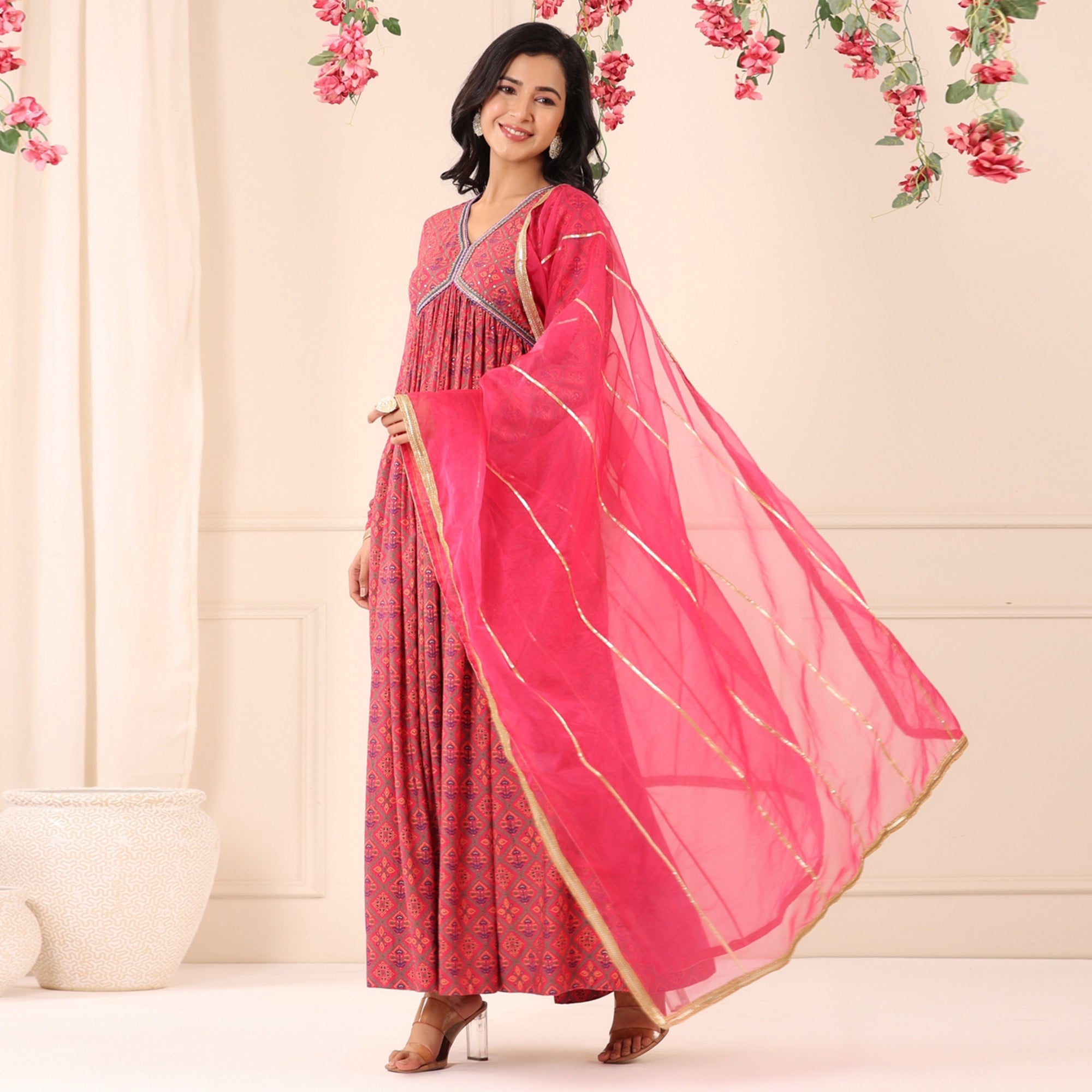 Pink Patola Printed Muslin Gown With Dupatta