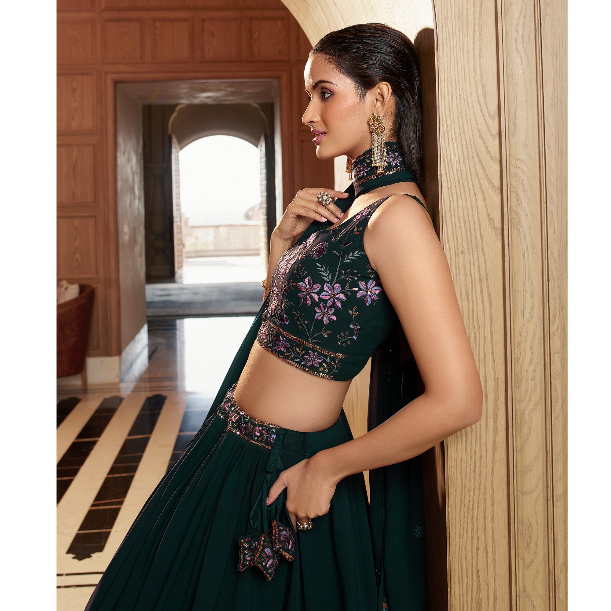 Green Sequins Embroidered Georgette Lehenga Choli