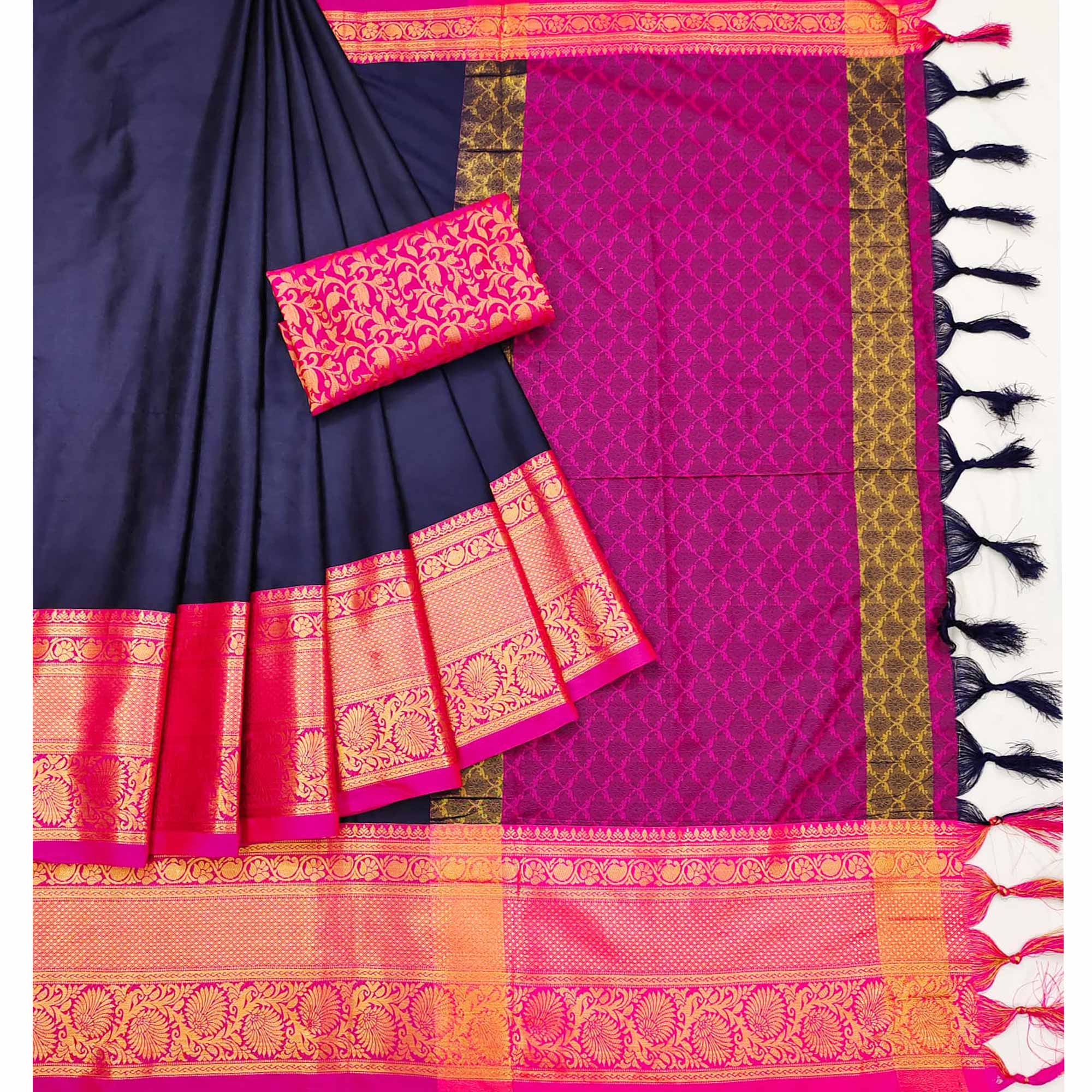 Navy Blue Printed And Woven Cotton Silk Saree With Tassels