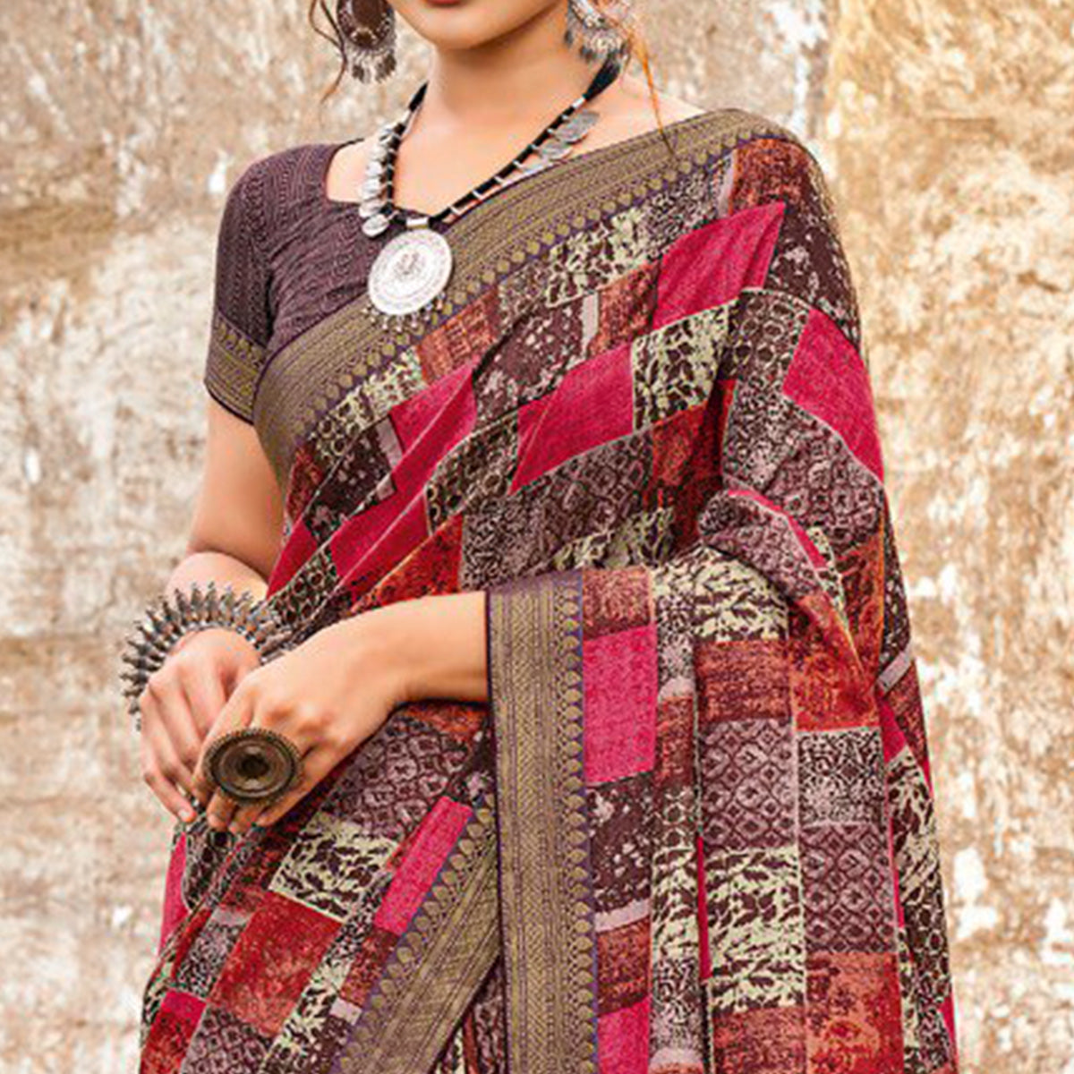 Multicolor Printed With lace Border Tussar Silk Saree