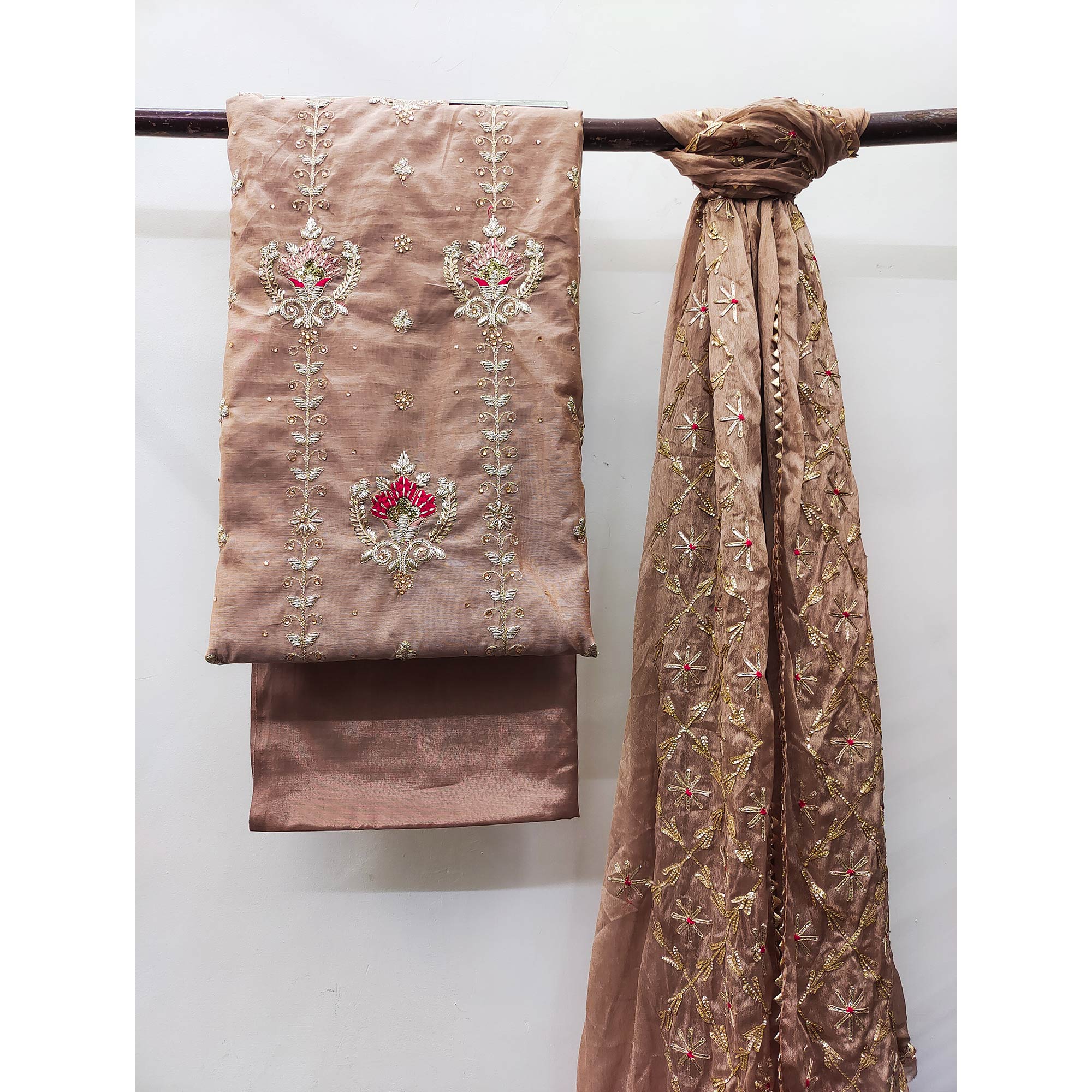 Brown Sequins Embroidered Modal Dress Material