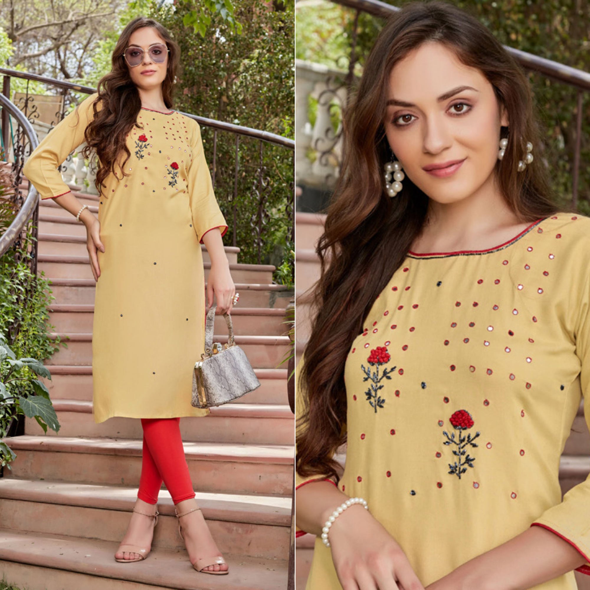 Light Yellow Embroidered Rayon Kurti