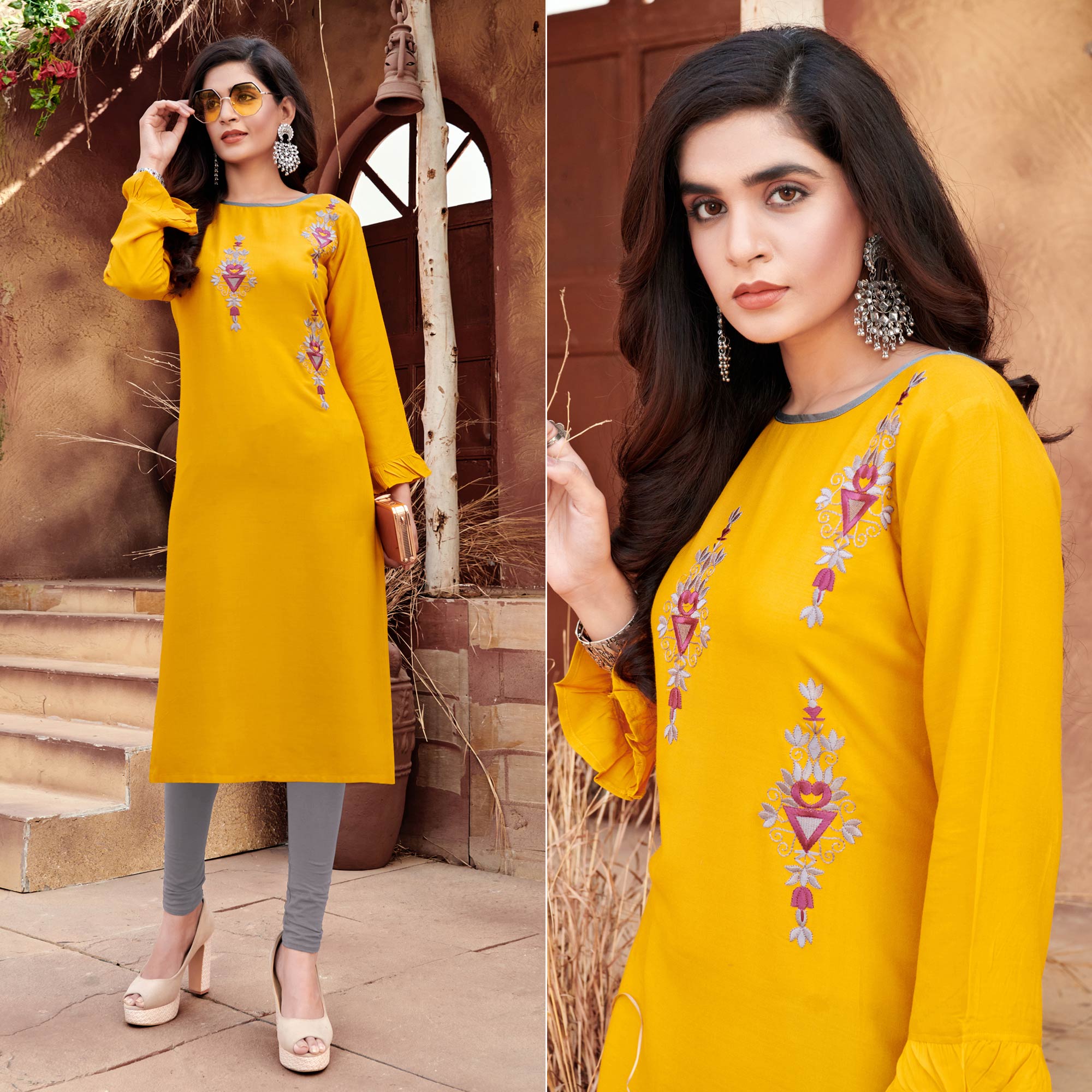 Yellow Floral Embroidered Rayon Kurti