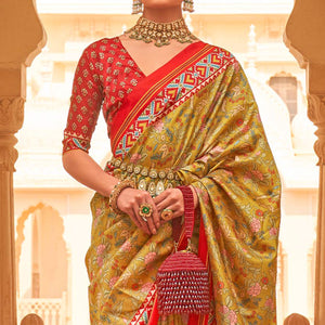 Green & Red Printed Tussar Silk Saree With Tassels