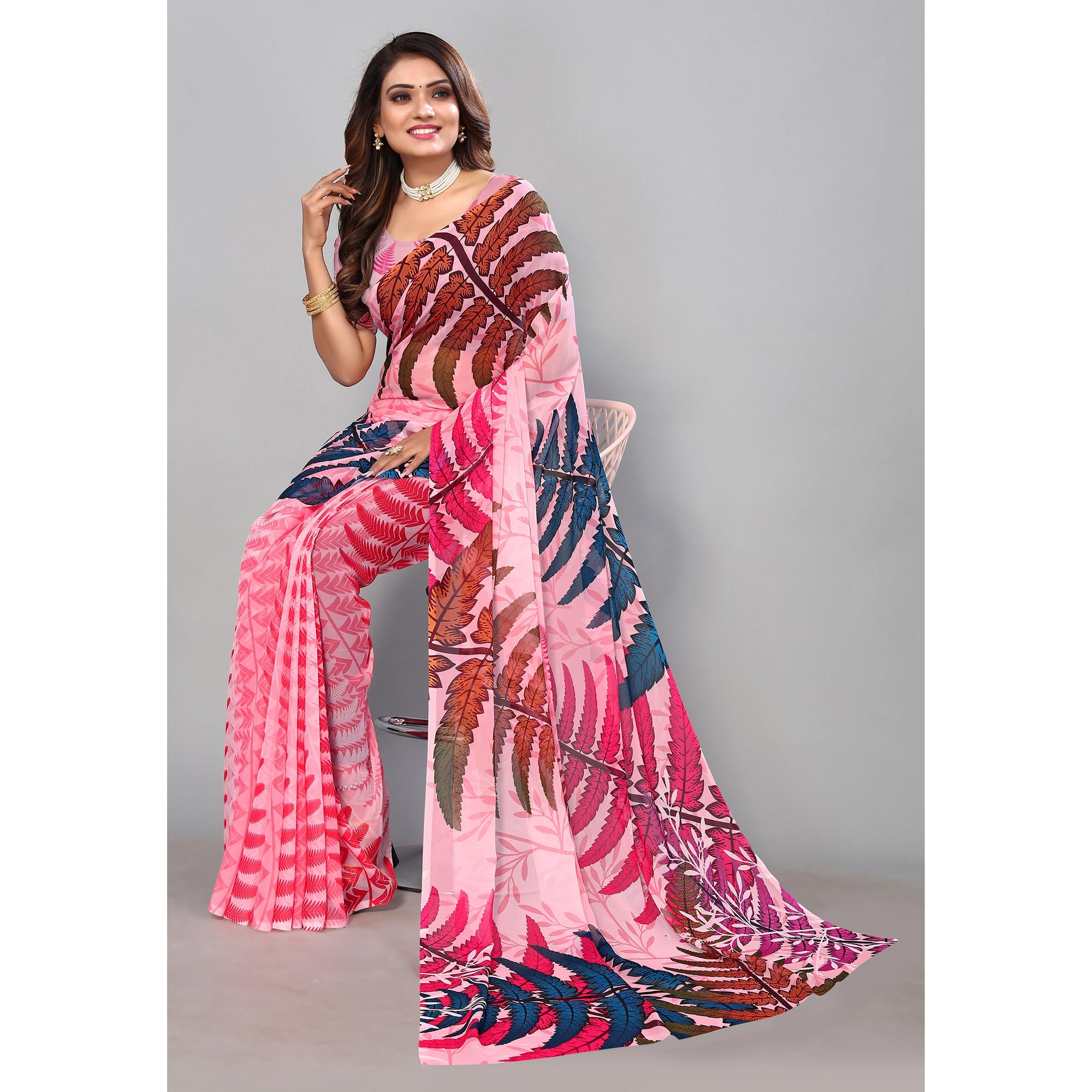 Pink Digital Printed Georgette Saree