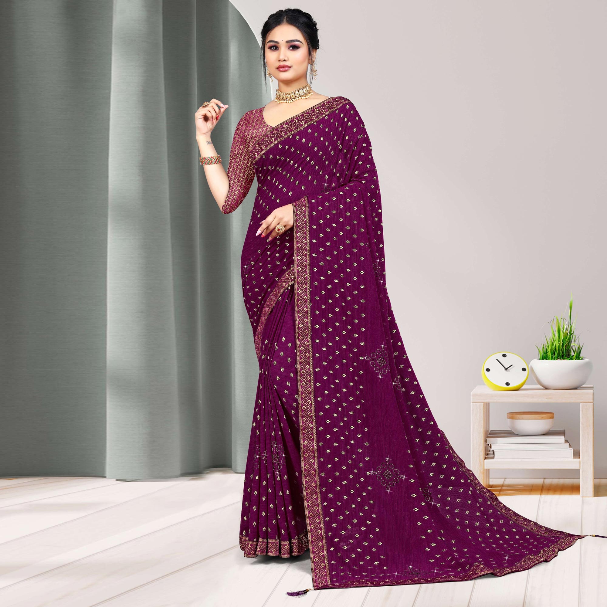 Purple Woven Chiffon Saree