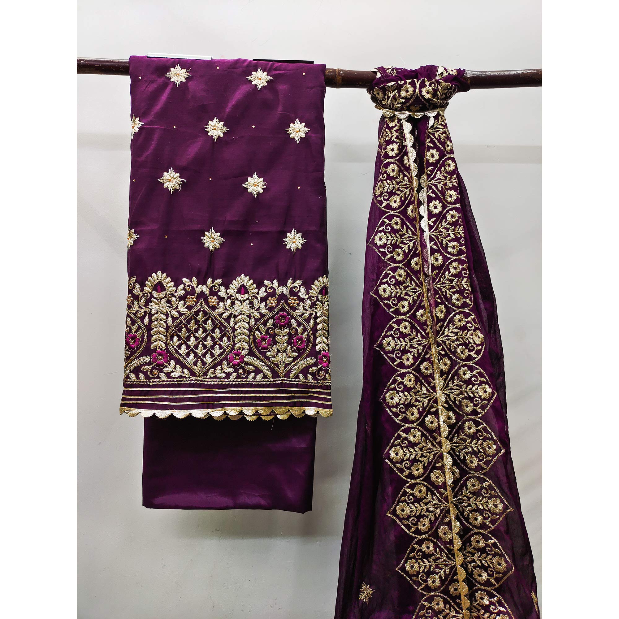 Wine Floral Embroidered Modal Dress Material