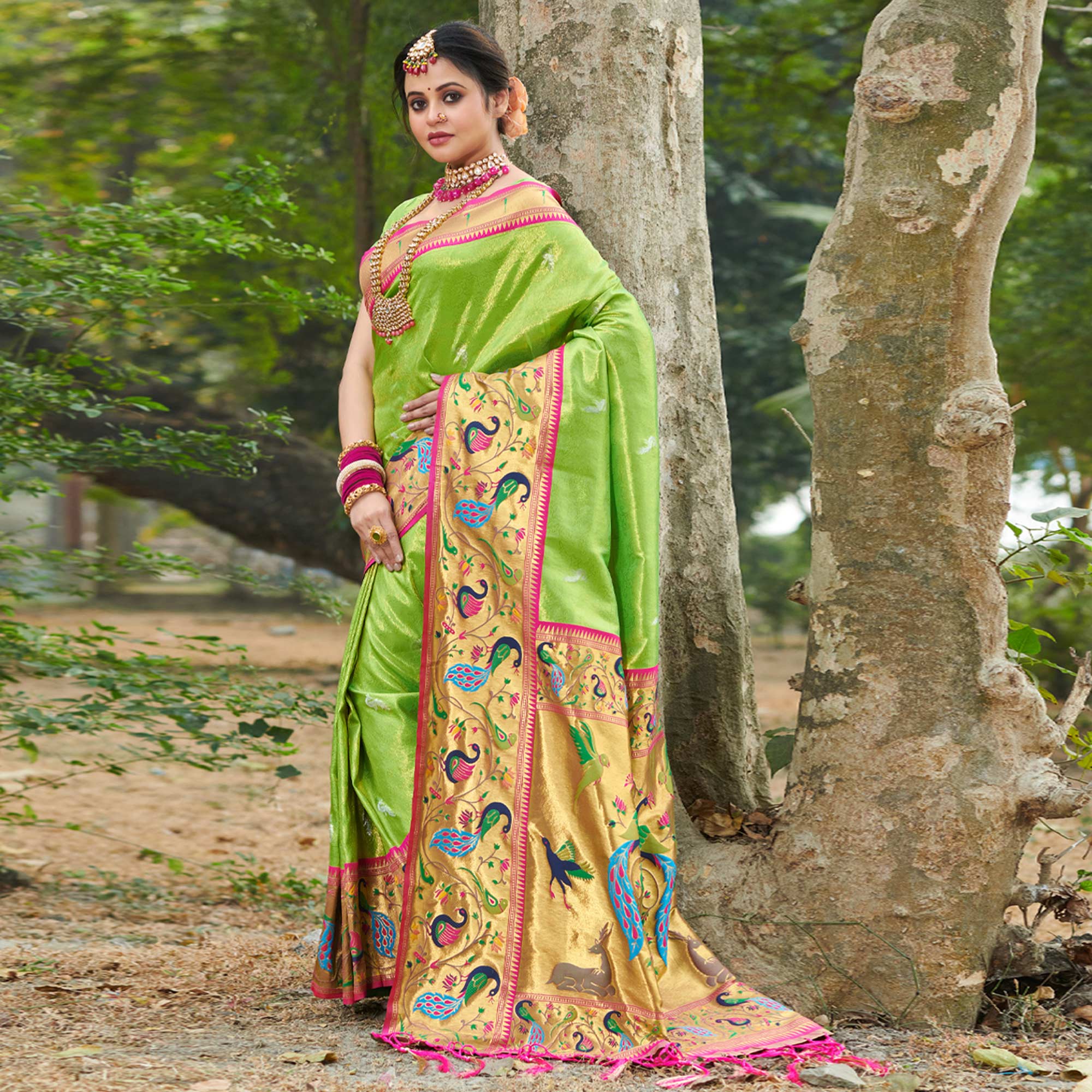 Parrot Green Woven Art Silk Paithani Saree With Tassels