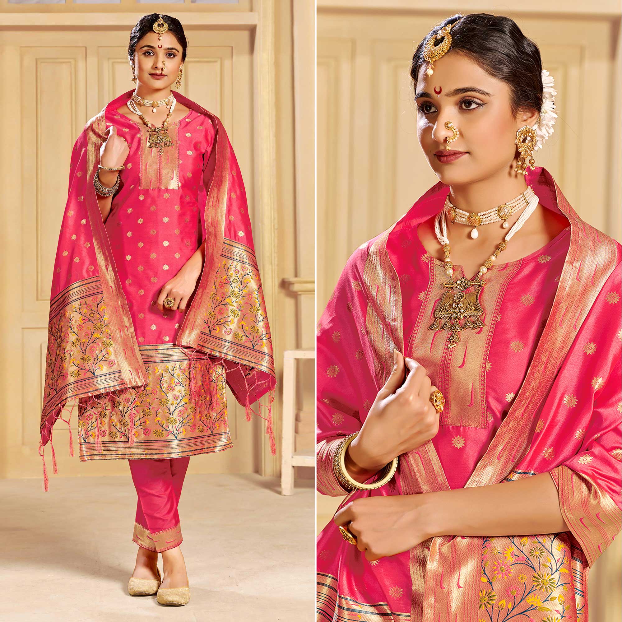 Pink Floral Woven Tapetta Silk Salwar Suit