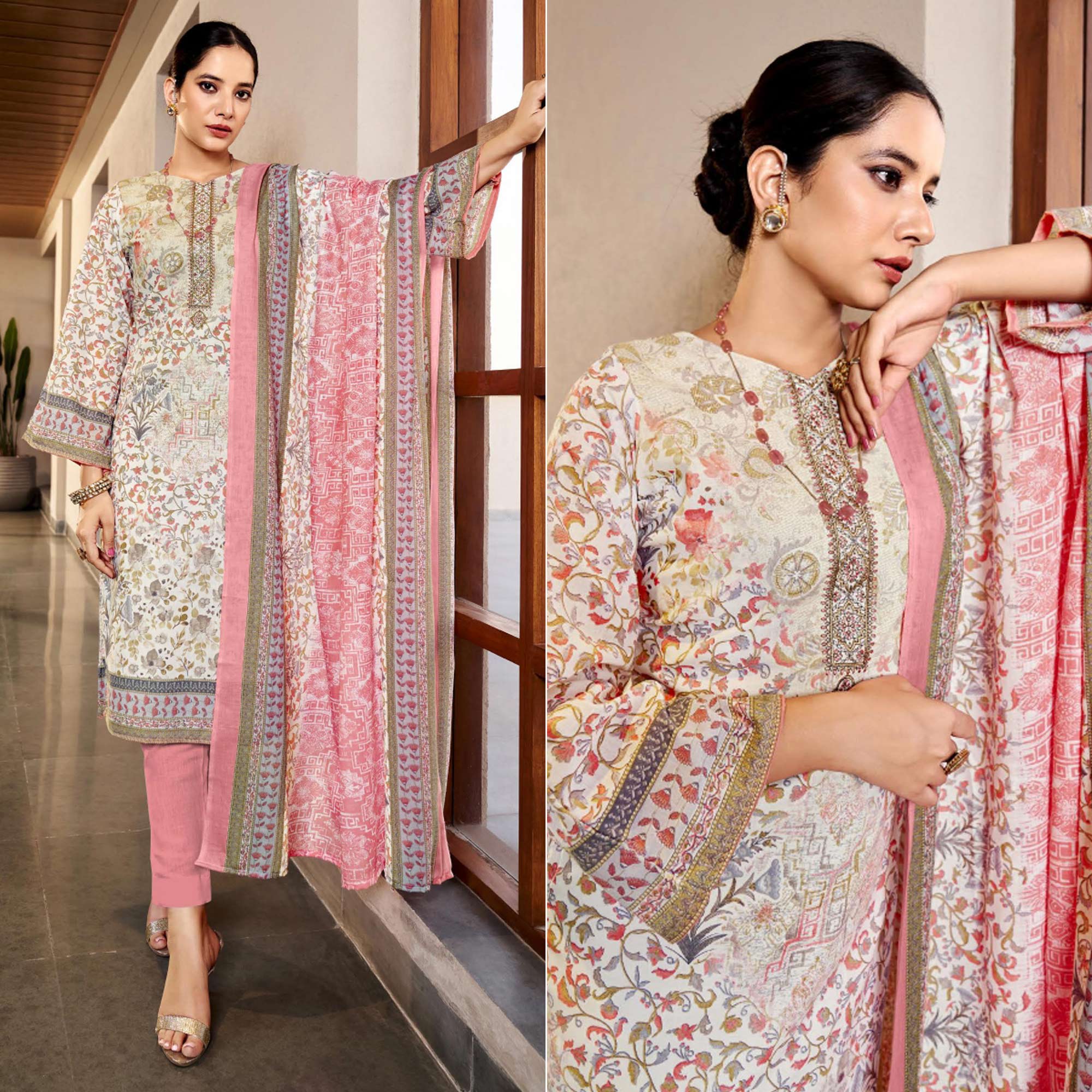 White & Pink Floral Print With Embroidered Pure Cotton Salwar Suit