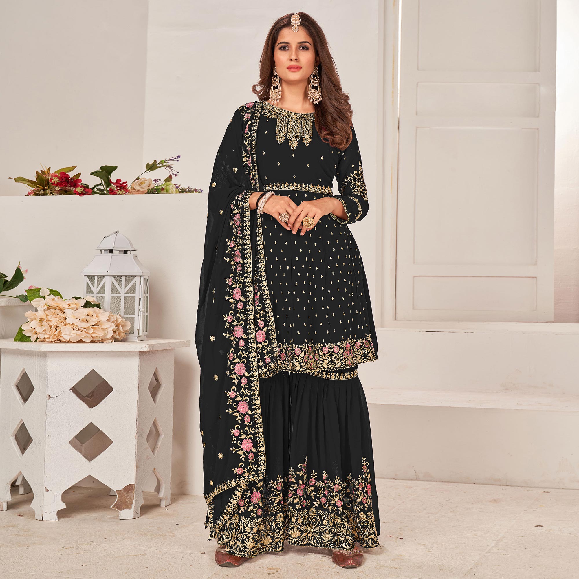 Black Sequins Embroidered Georgette Sharara Suit