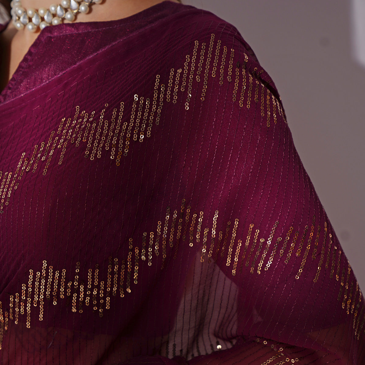 Wine Sequins Embroidered Georgette Saree