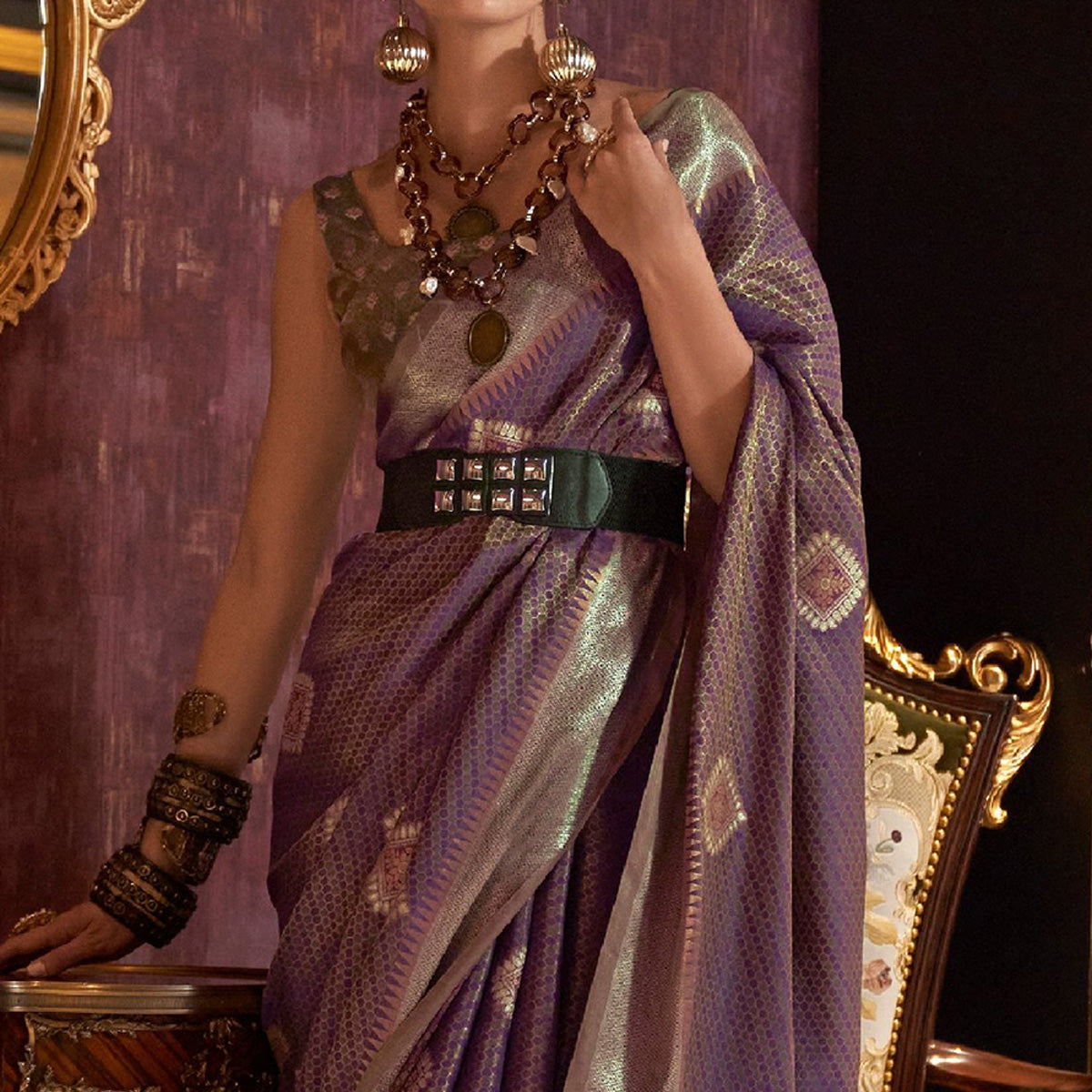 Purple Woven Art Silk Saree With Tassels