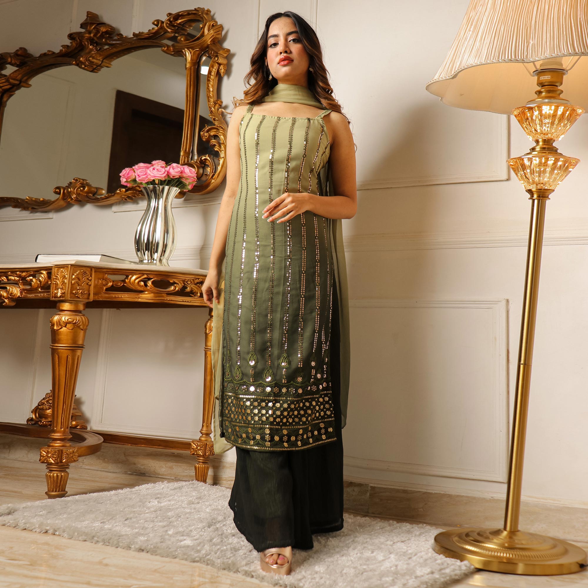 Green Sequins Embroidered Georgette Palazzo Suit