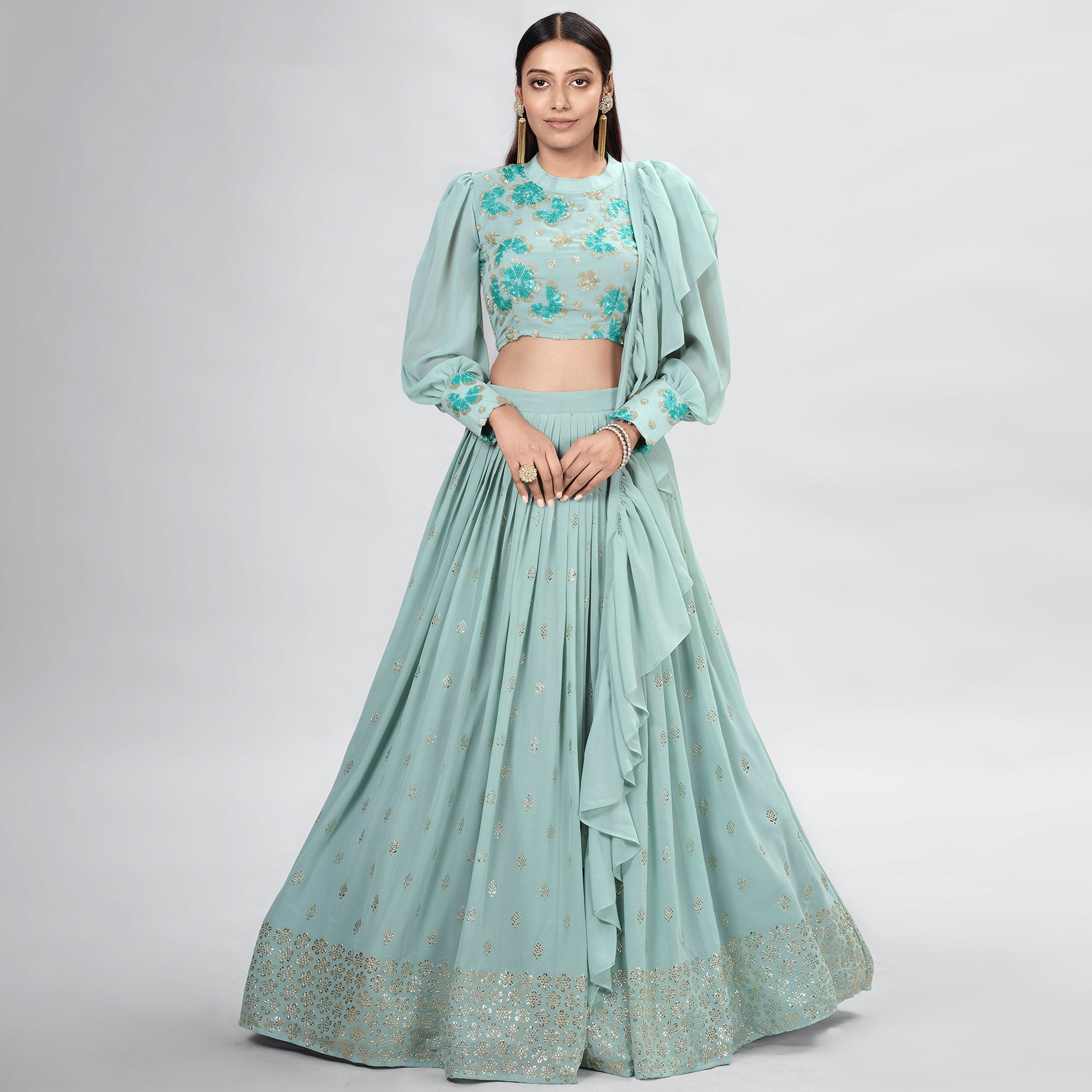 Aqua Green Embellished With Embroidered Georgette Lehenga Choli