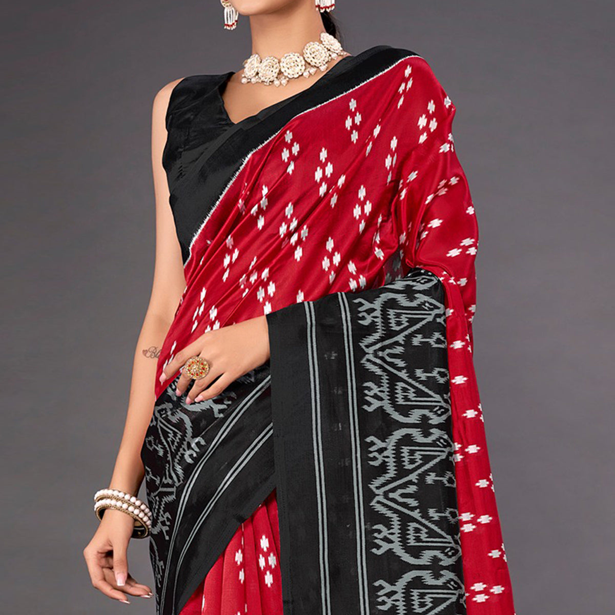 Red Ikkat Printed Art Silk Saree