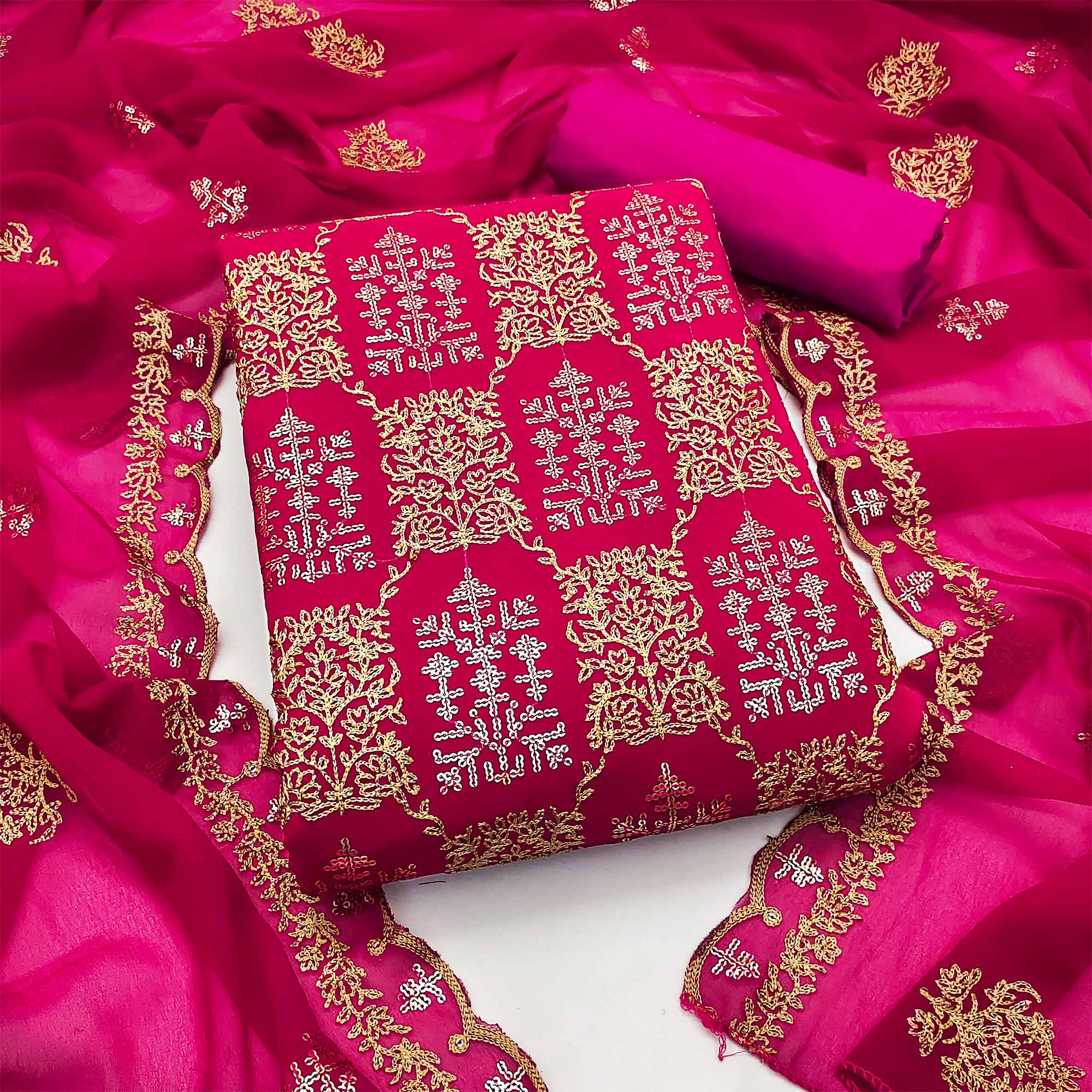Pink Sequins Embroidered Georgette Dress Material