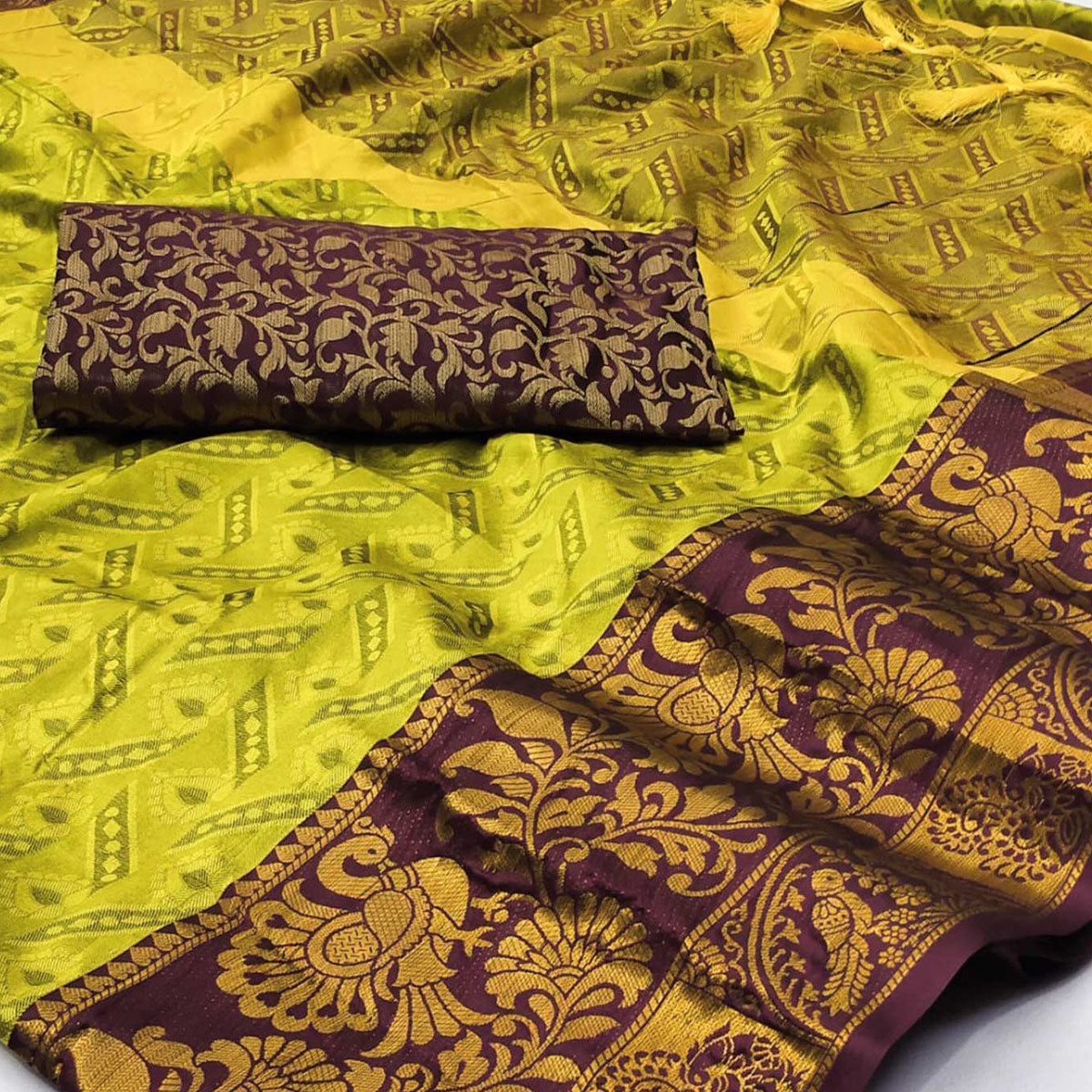 Lemon Green Woven Cotton Silk Saree With Tassels