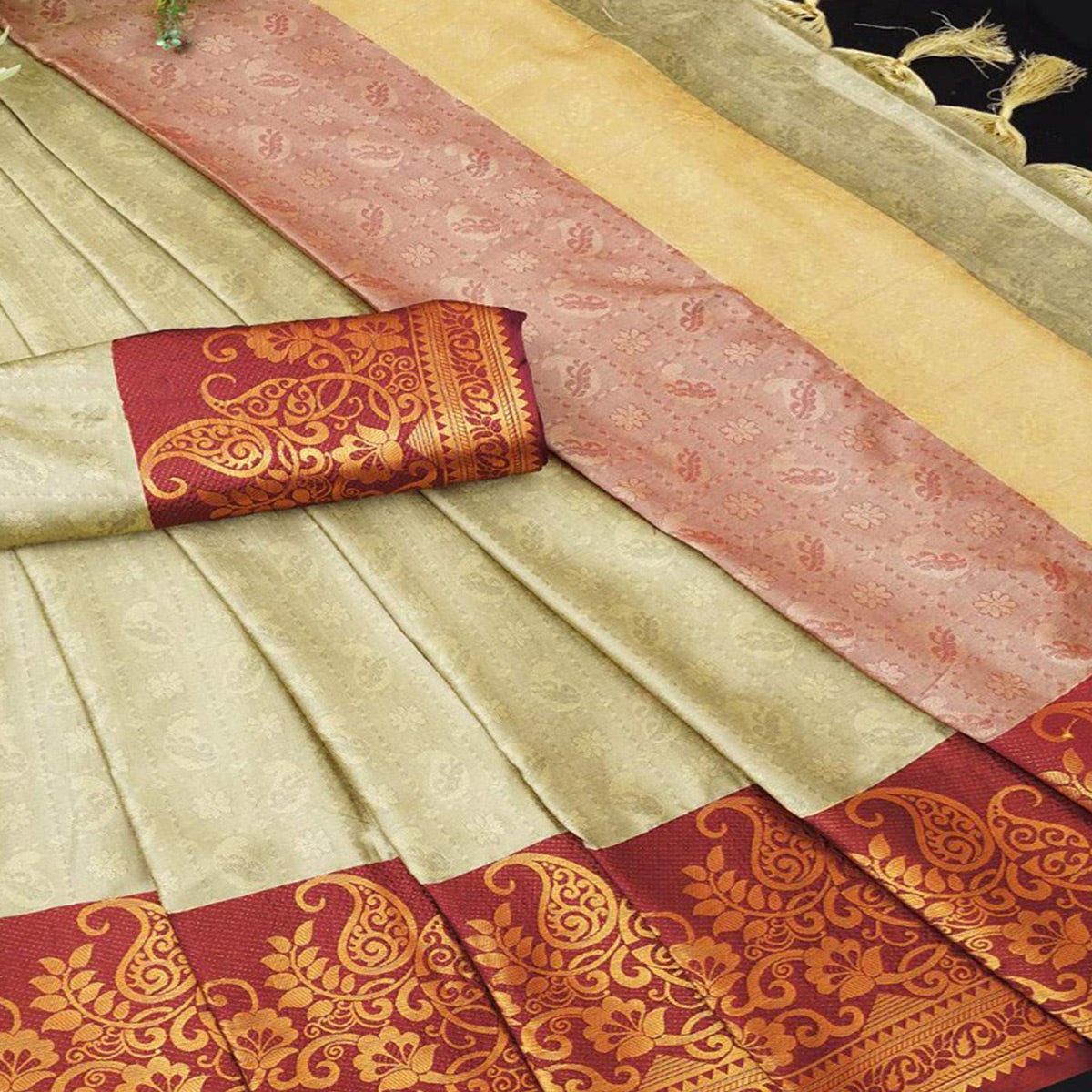 Chikoo Woven Cotton Silk Saree