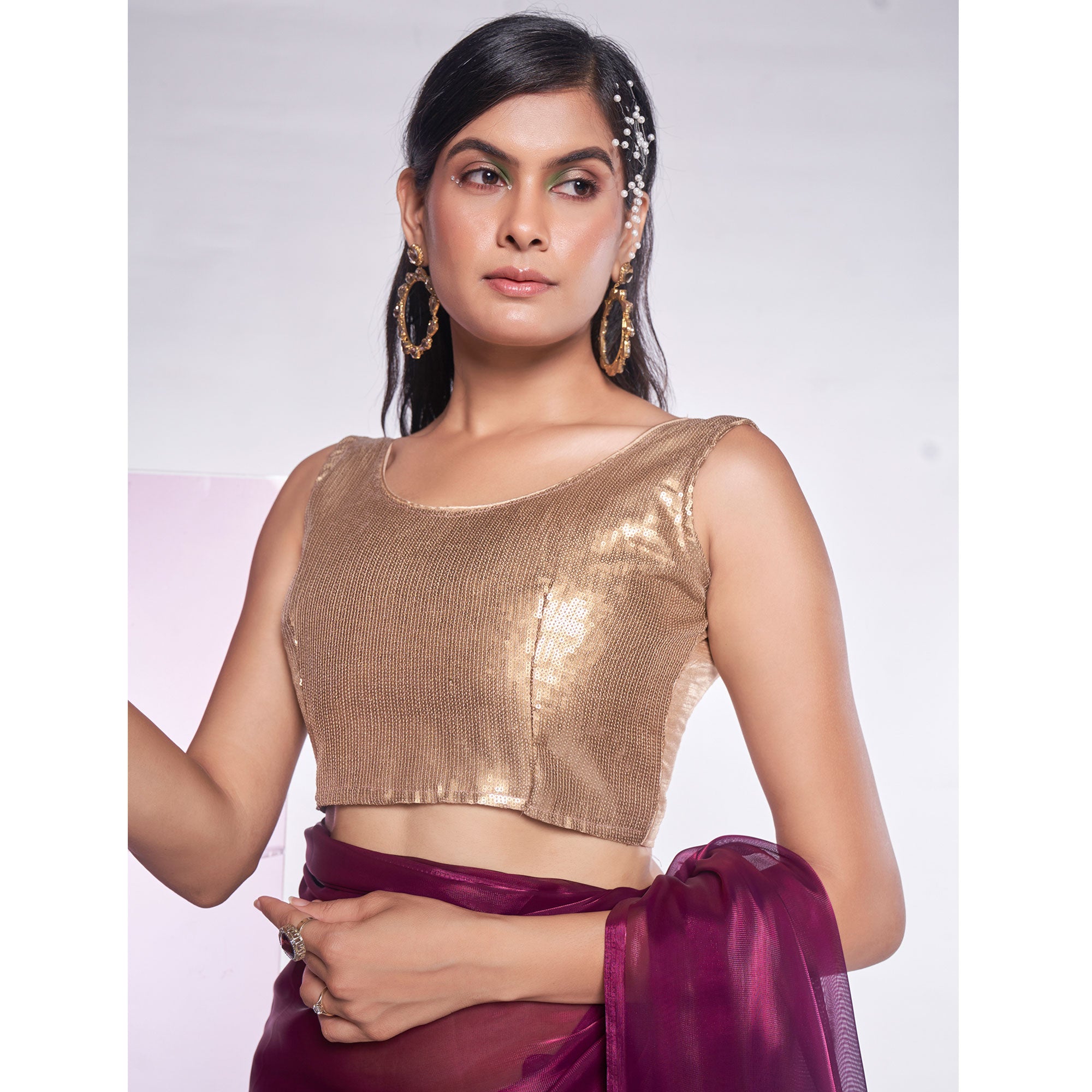 Wine Solid Organza Saree With Tassels