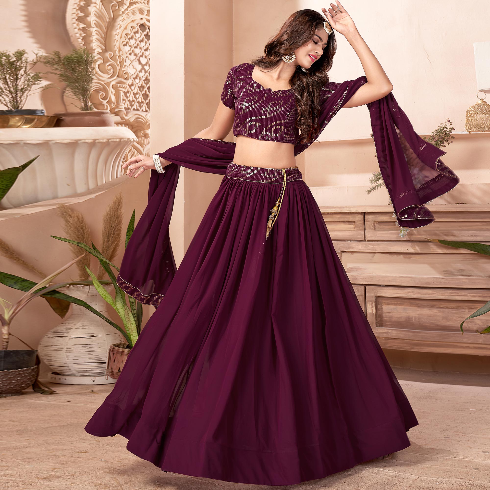 Purple Sequins Embroidered Georgette Lehenga Choli