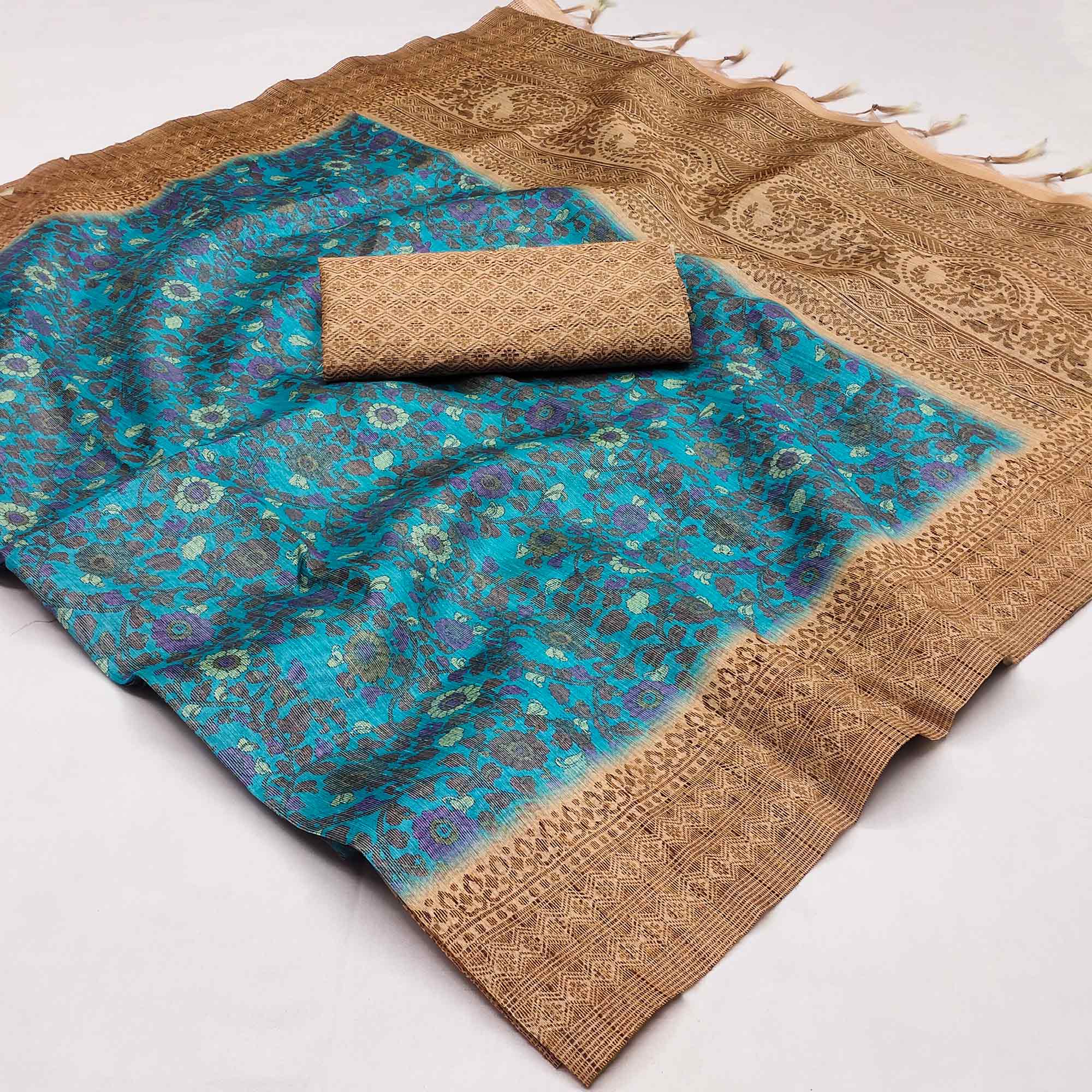 Blue Floral Printed Cotton Silk Saree With Tassels