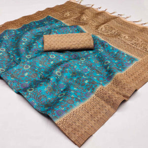 Blue Floral Printed Cotton Silk Saree With Tassels