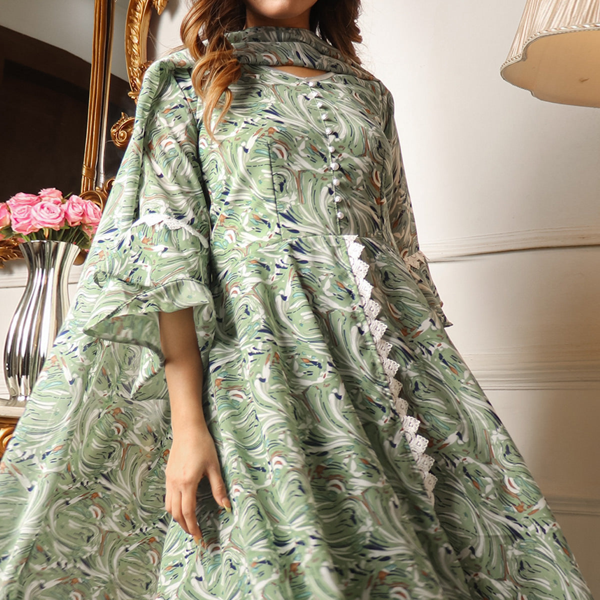 Green Printed Georgette Sharara Suit With Crosia border
