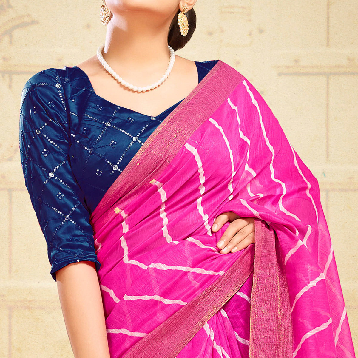 Magenta Pink Leheriya Printed Linen Saree