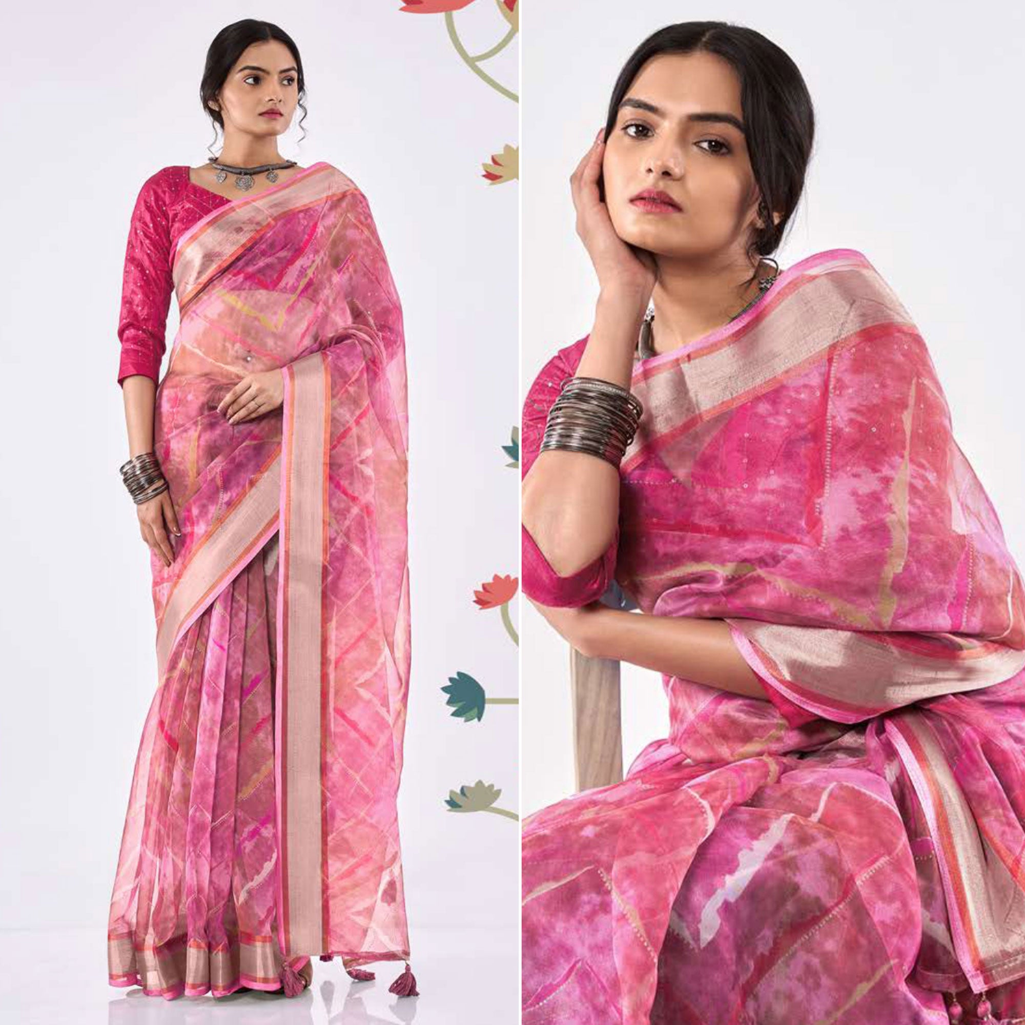 Magenta Purple Printed Organza Saree With Woven Border