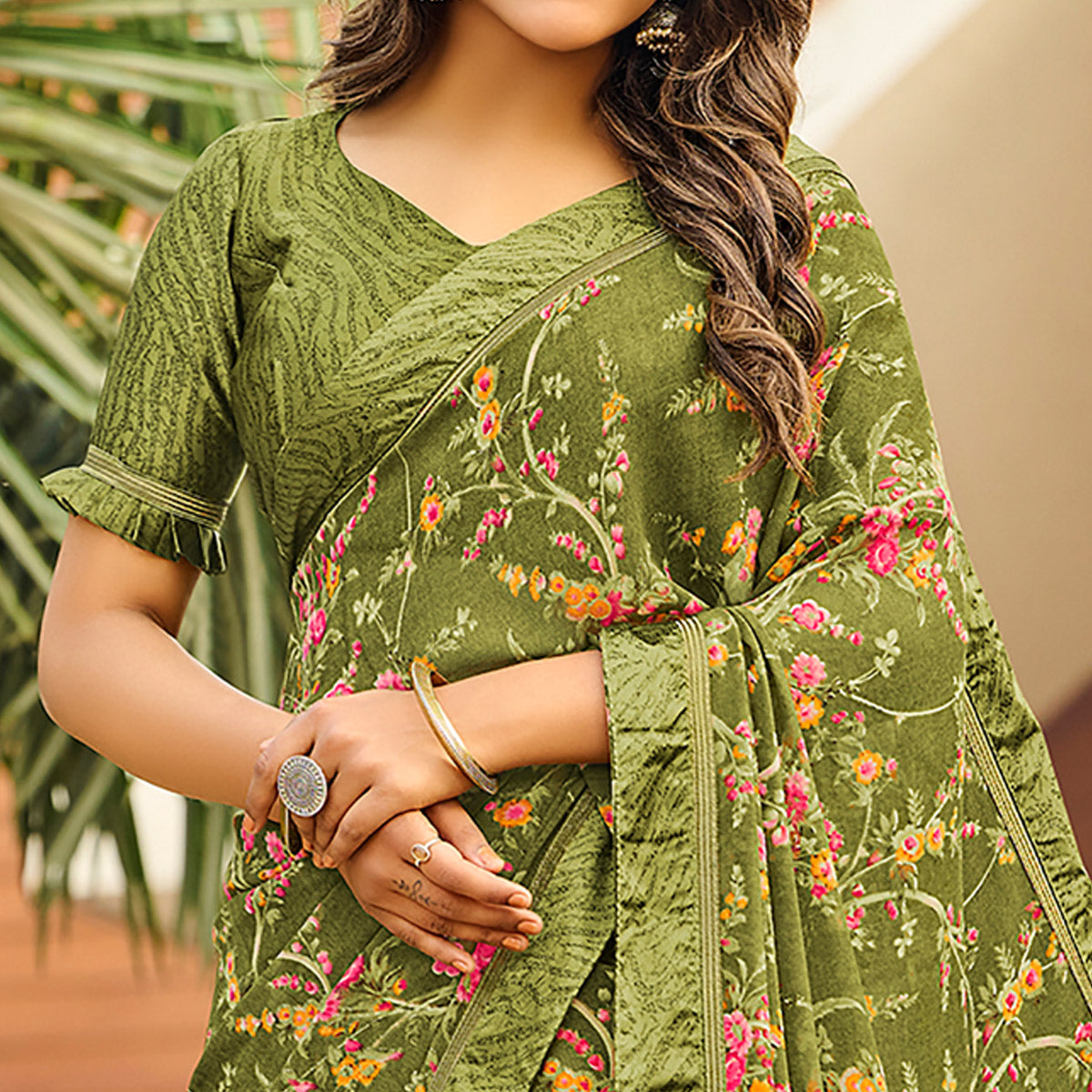 Green Floral Printed Georgette Saree