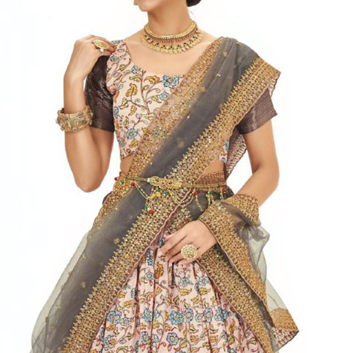 Light Peach Digital Printed With Zari Work Art Silk Lehenga Choli