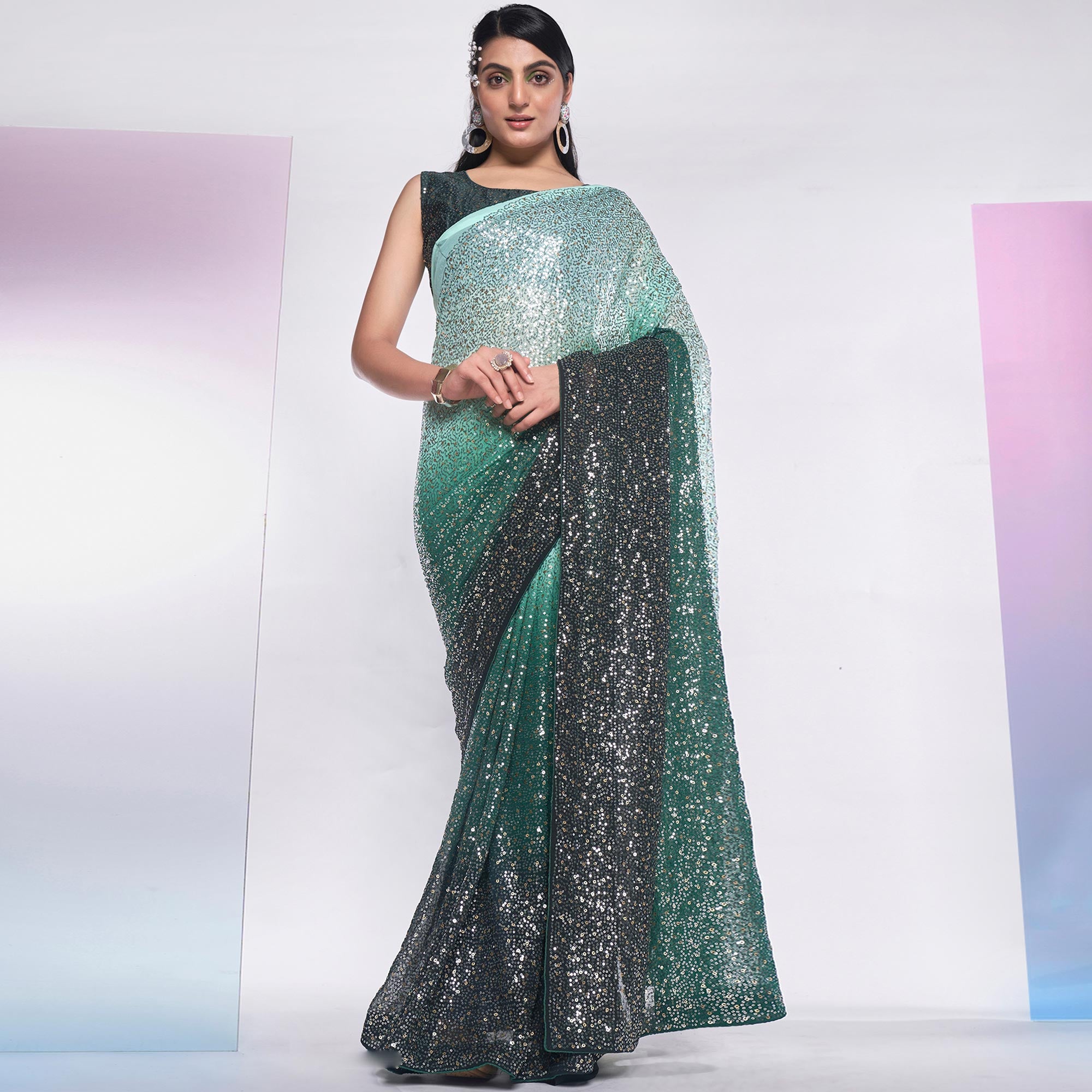 Green Sequins Embroidered Georgette Saree