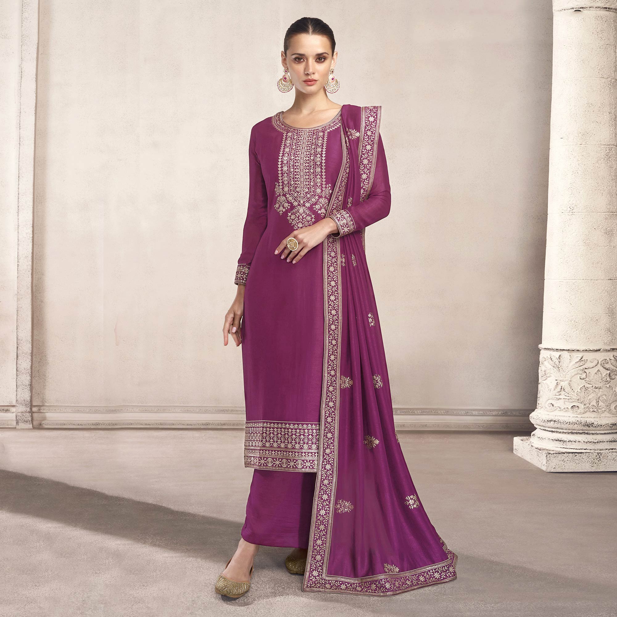 Purple Embroidered Dola Silk Salwar Suit