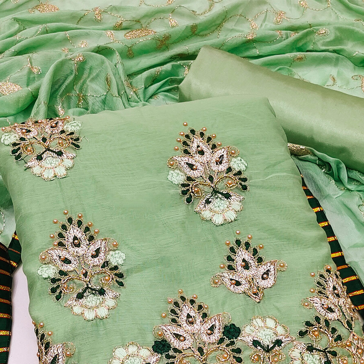 Green Floral Embroidered Modal Dress Material