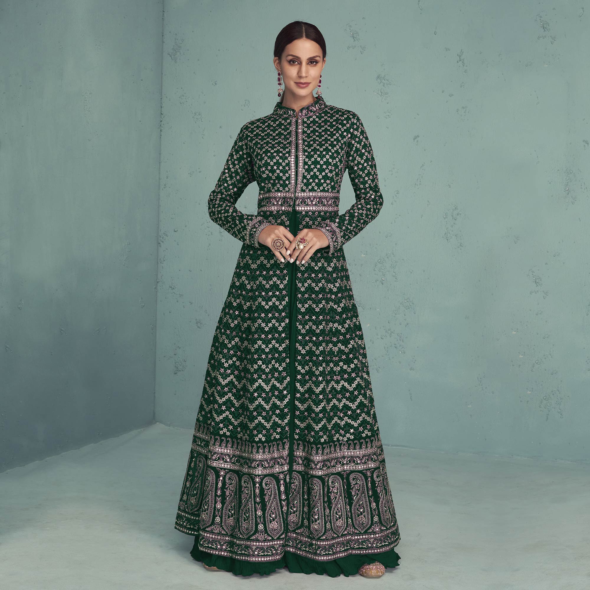Green Floral Embroidered Georgette Front Slit Suit