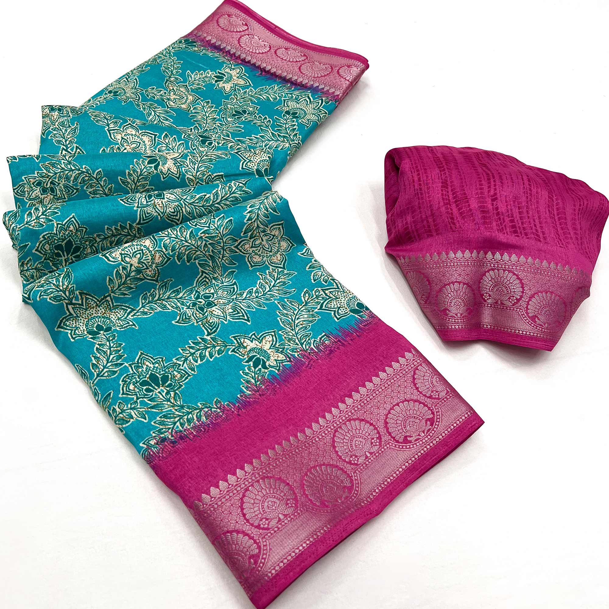 Blue Floral Printed With Woven Border Dola Silk Saree