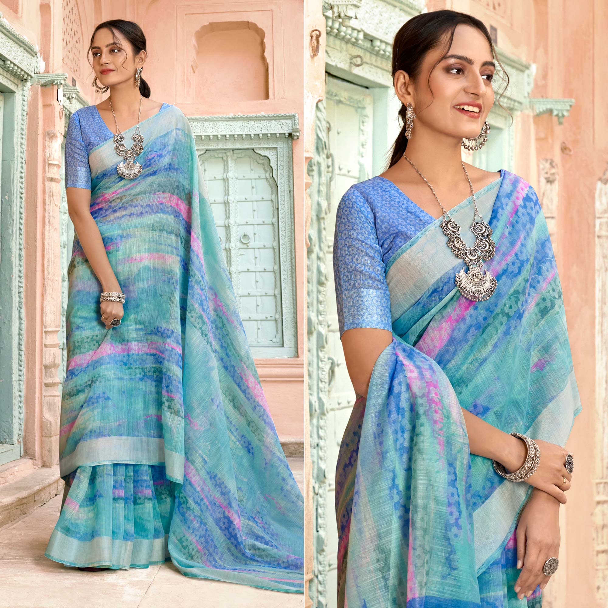 Blue Printed Cotton Blend Saree