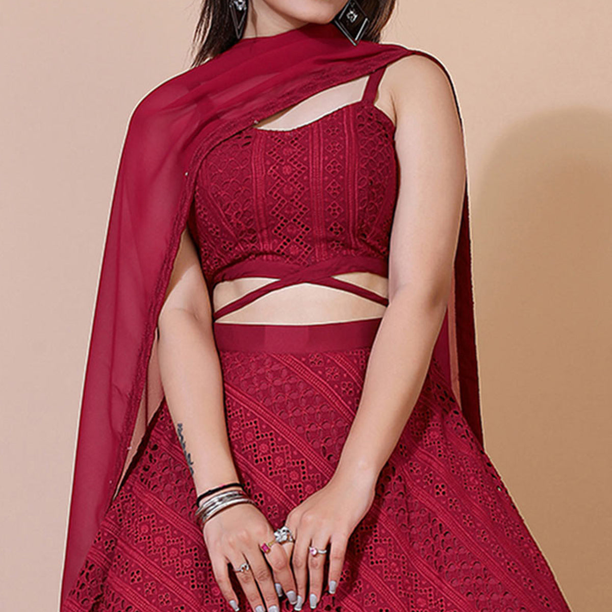 Maroon Lucknowi Chikankari Work Rayon Lehenga Choli