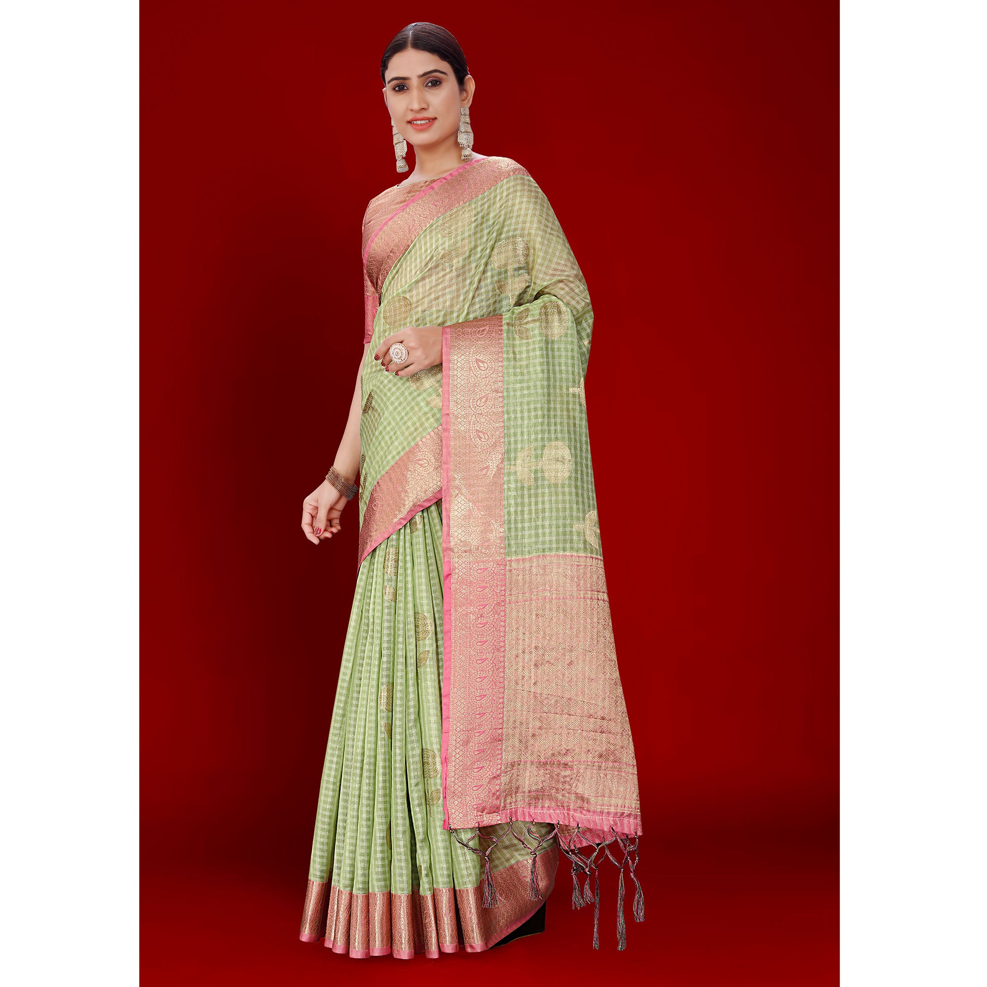 Green Floral Woven Organza Saree With Tassels