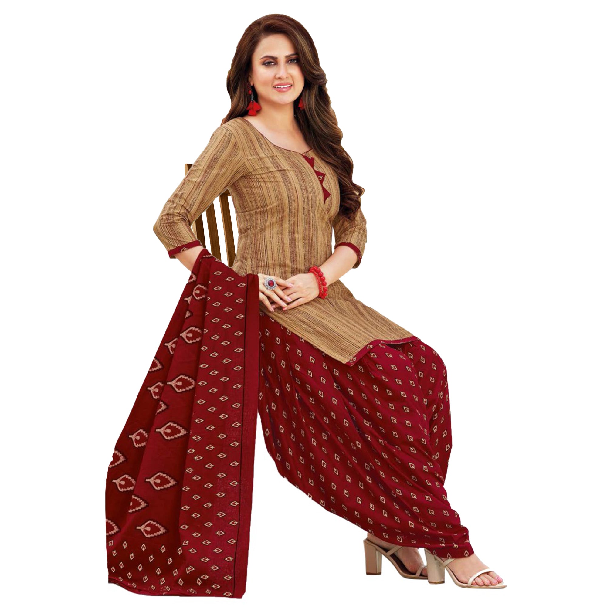 Brown Printed Crepe Patiala Dress Material
