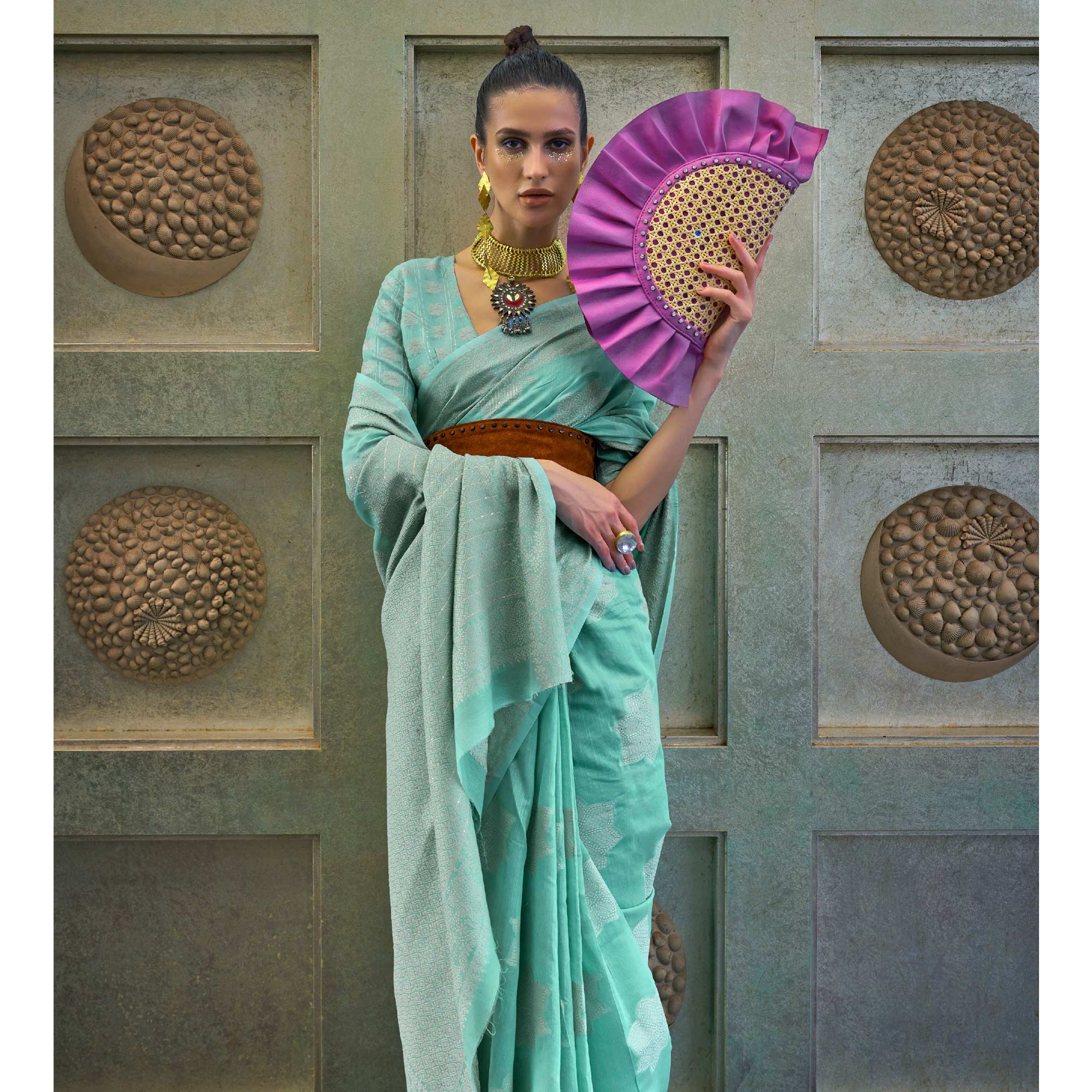 Sea Green Lucknowi & Sequins Embroidered Art Silk Saree