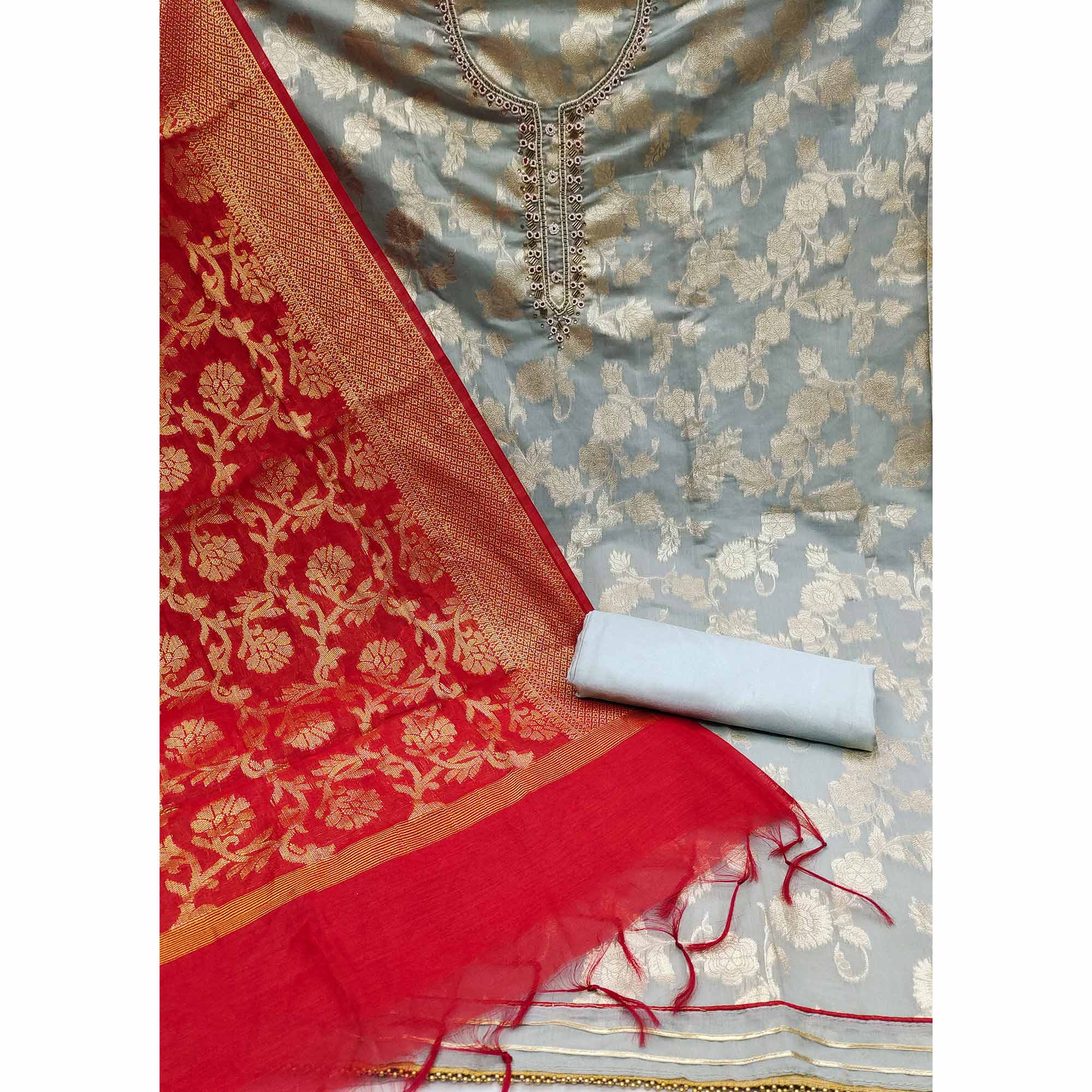 Grey Floral Woven With Handwork Banarasi Silk Dress Material