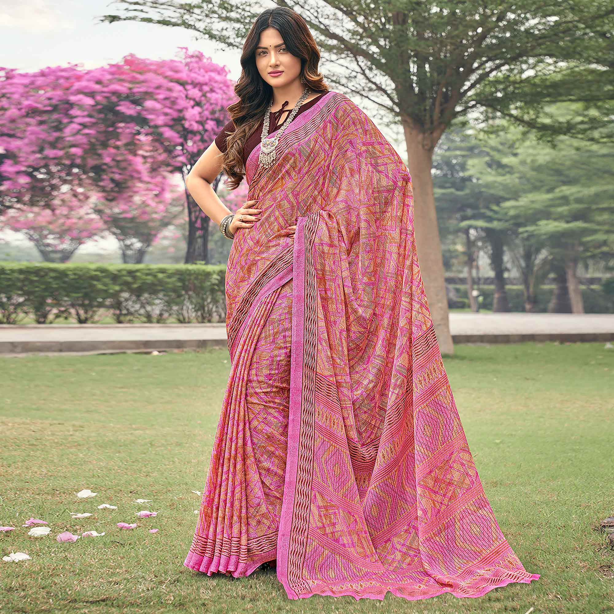 Pink Printed Chiffon Saree